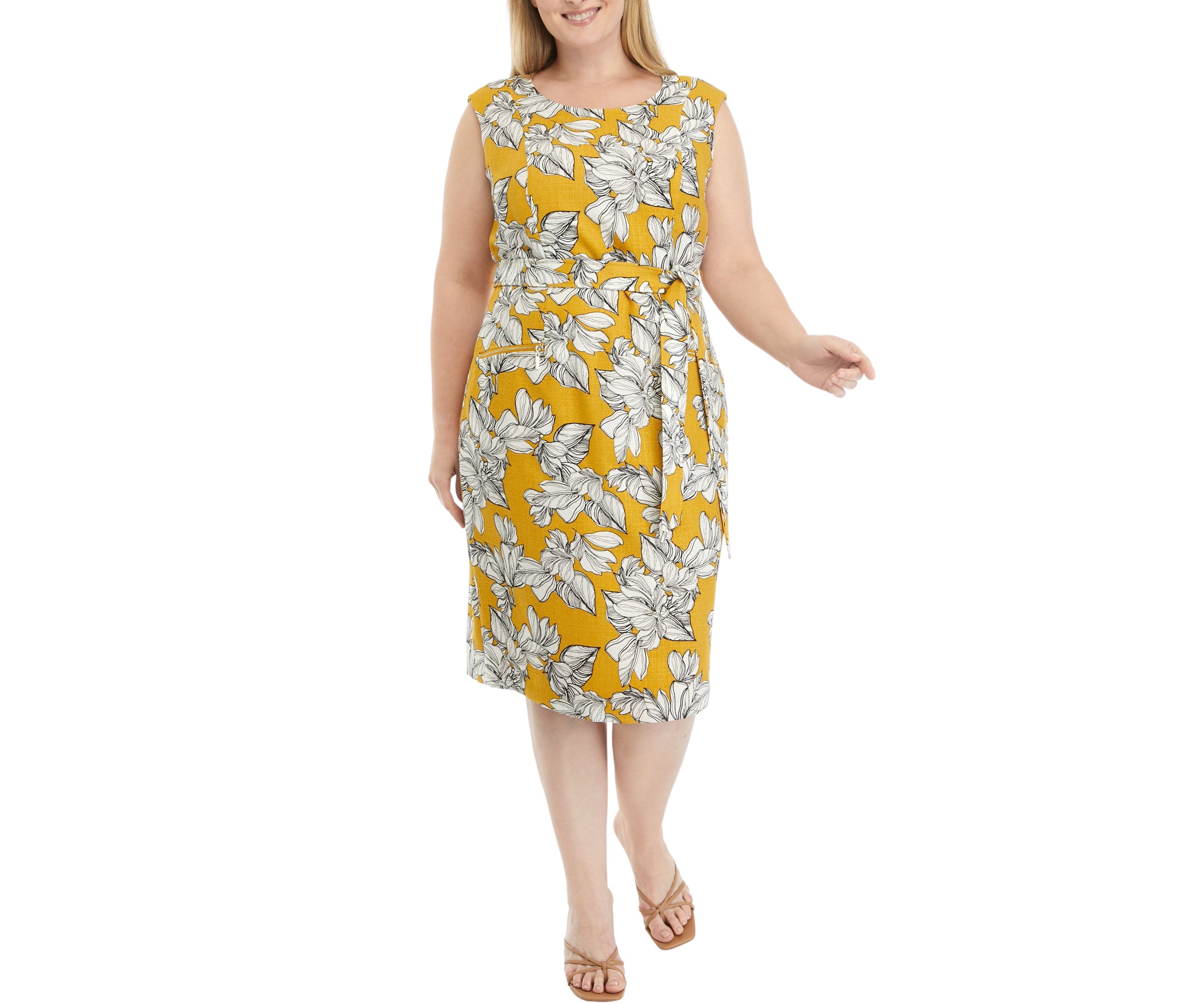 Plus Size Cap Sleeve Zip Pocket Belted Dress