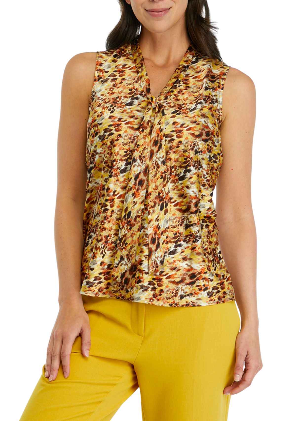 Womens Sleeveless Printed Tie Front Blouse