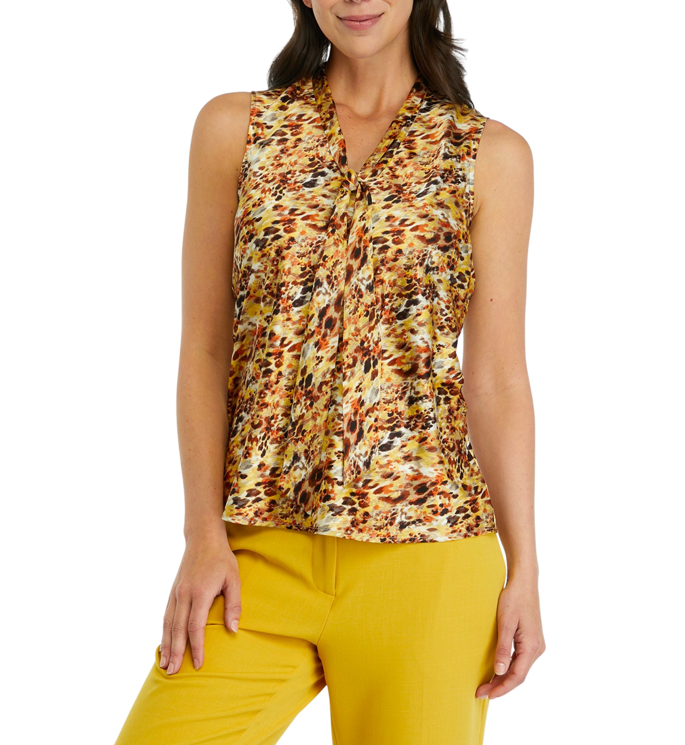Womens Sleeveless Printed Tie Front Blouse