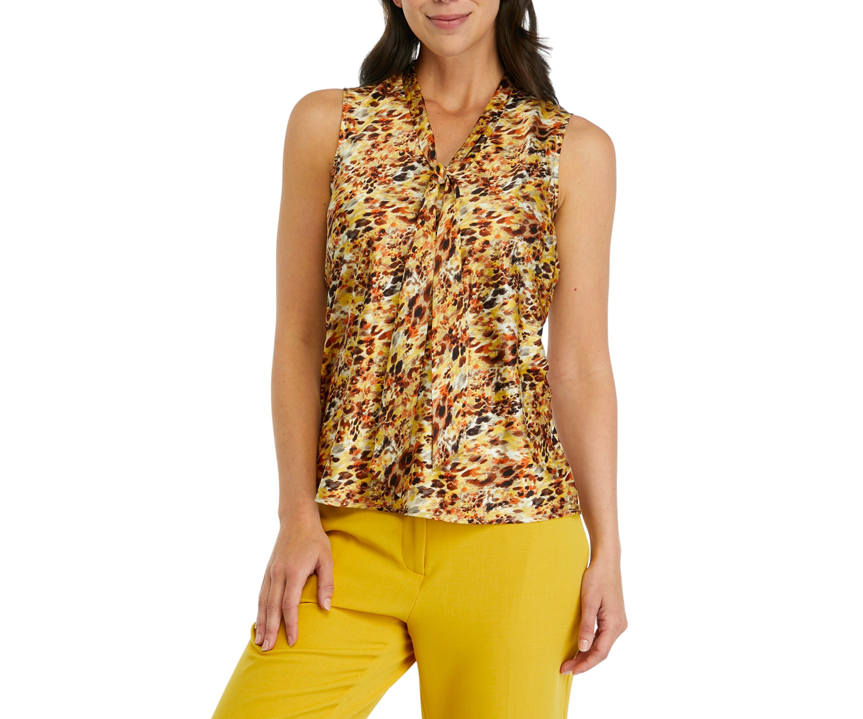 Womens Sleeveless Printed Tie Front Blouse