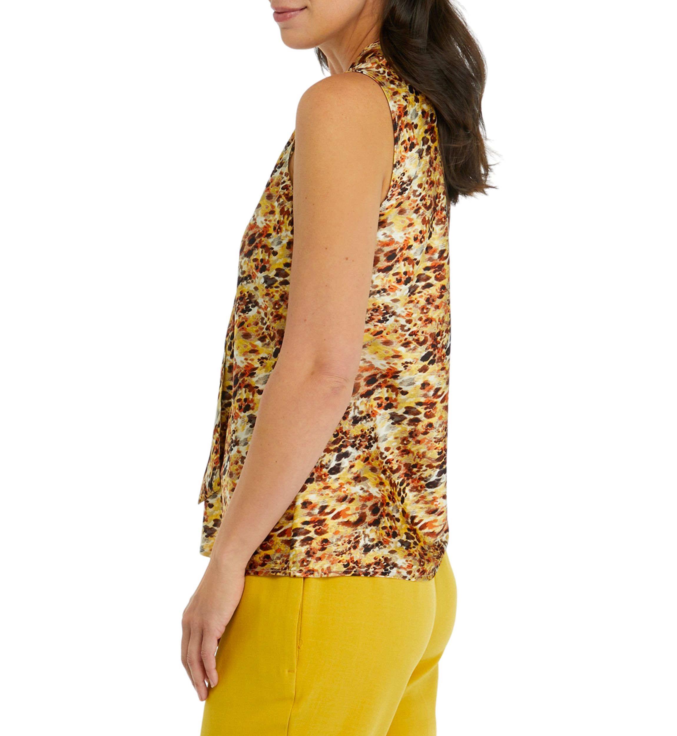 Womens Sleeveless Printed Tie Front Blouse