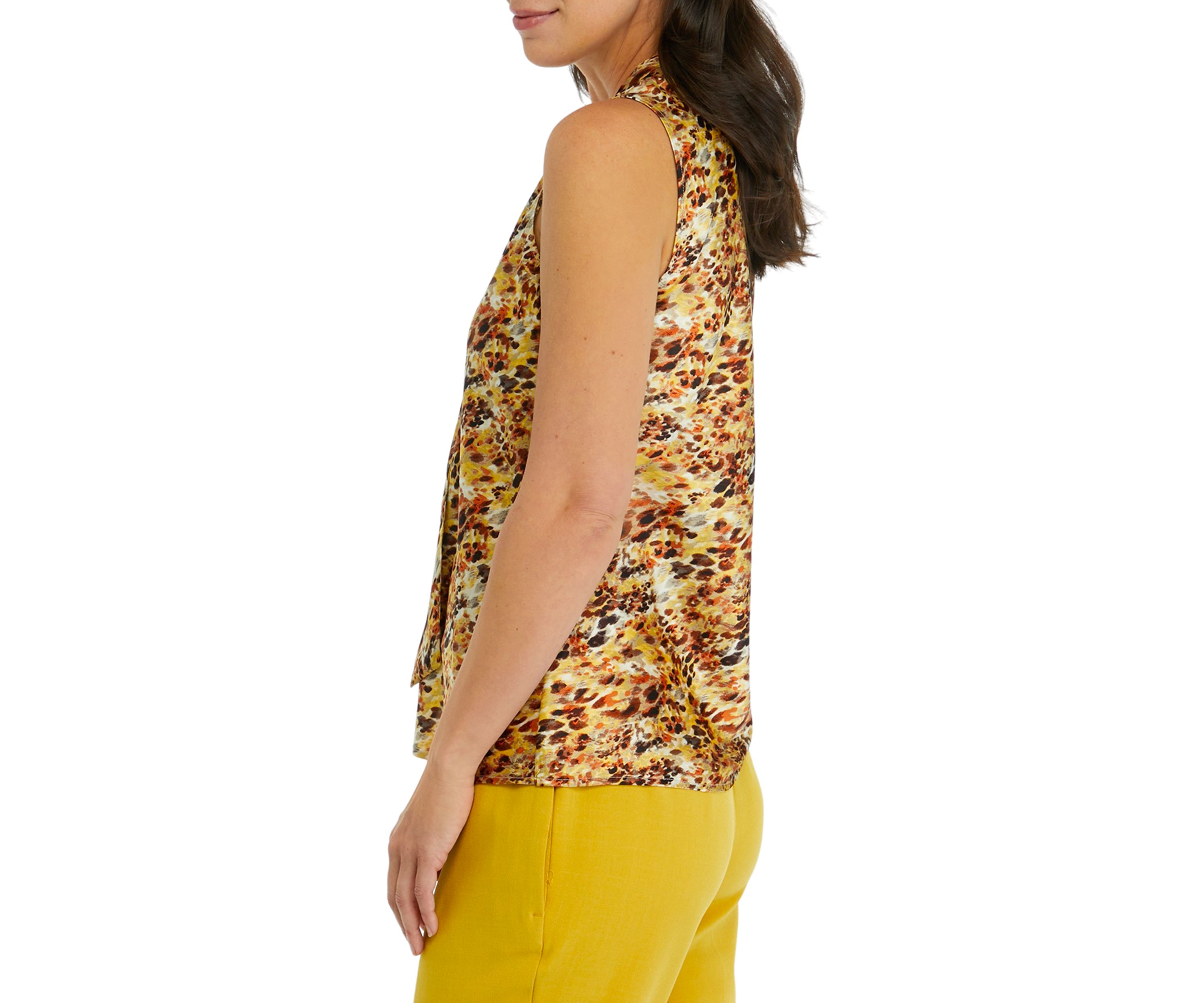 Womens Sleeveless Printed Tie Front Blouse