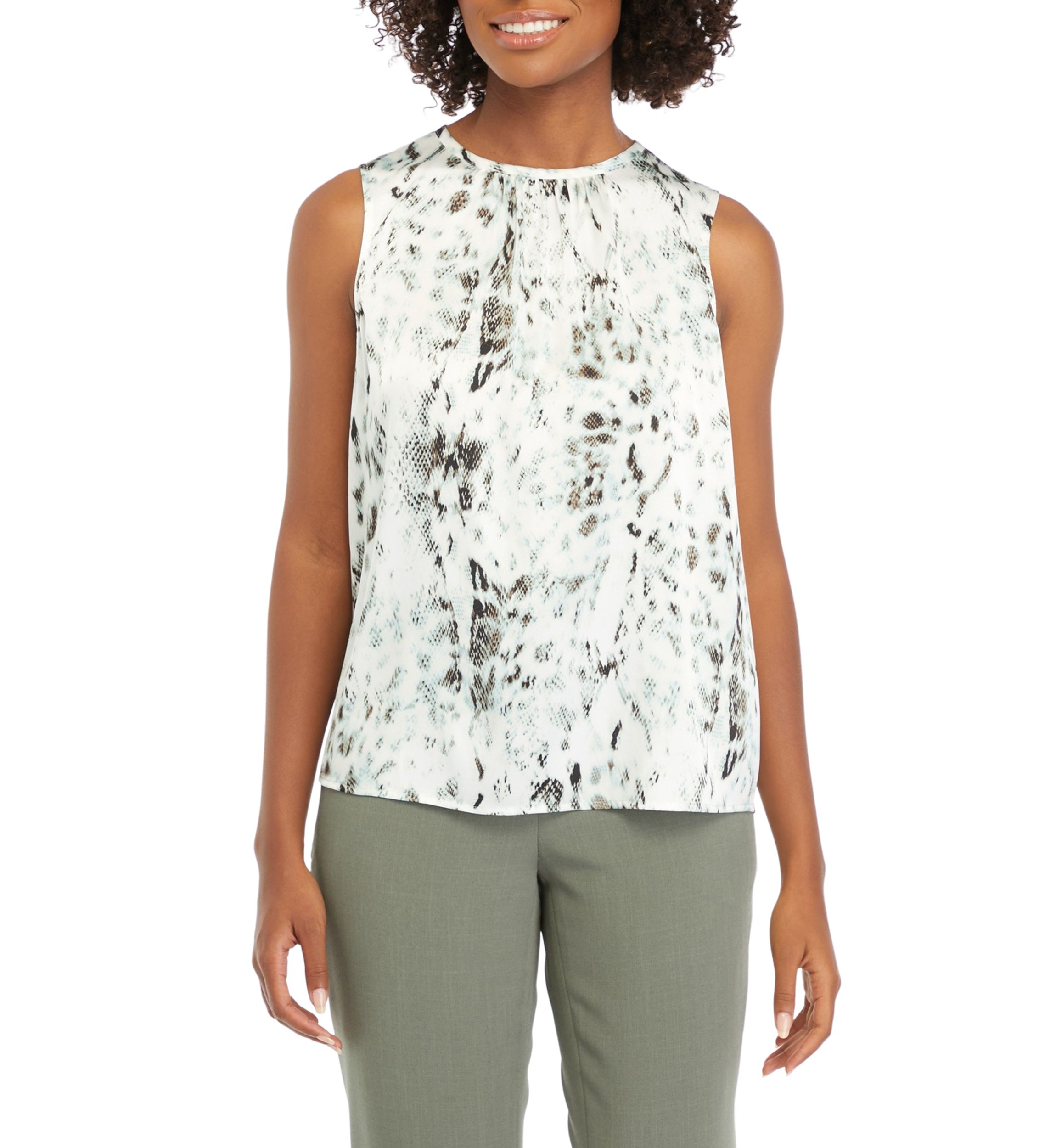 Womens Sleeveless Printed Shirred Blouse