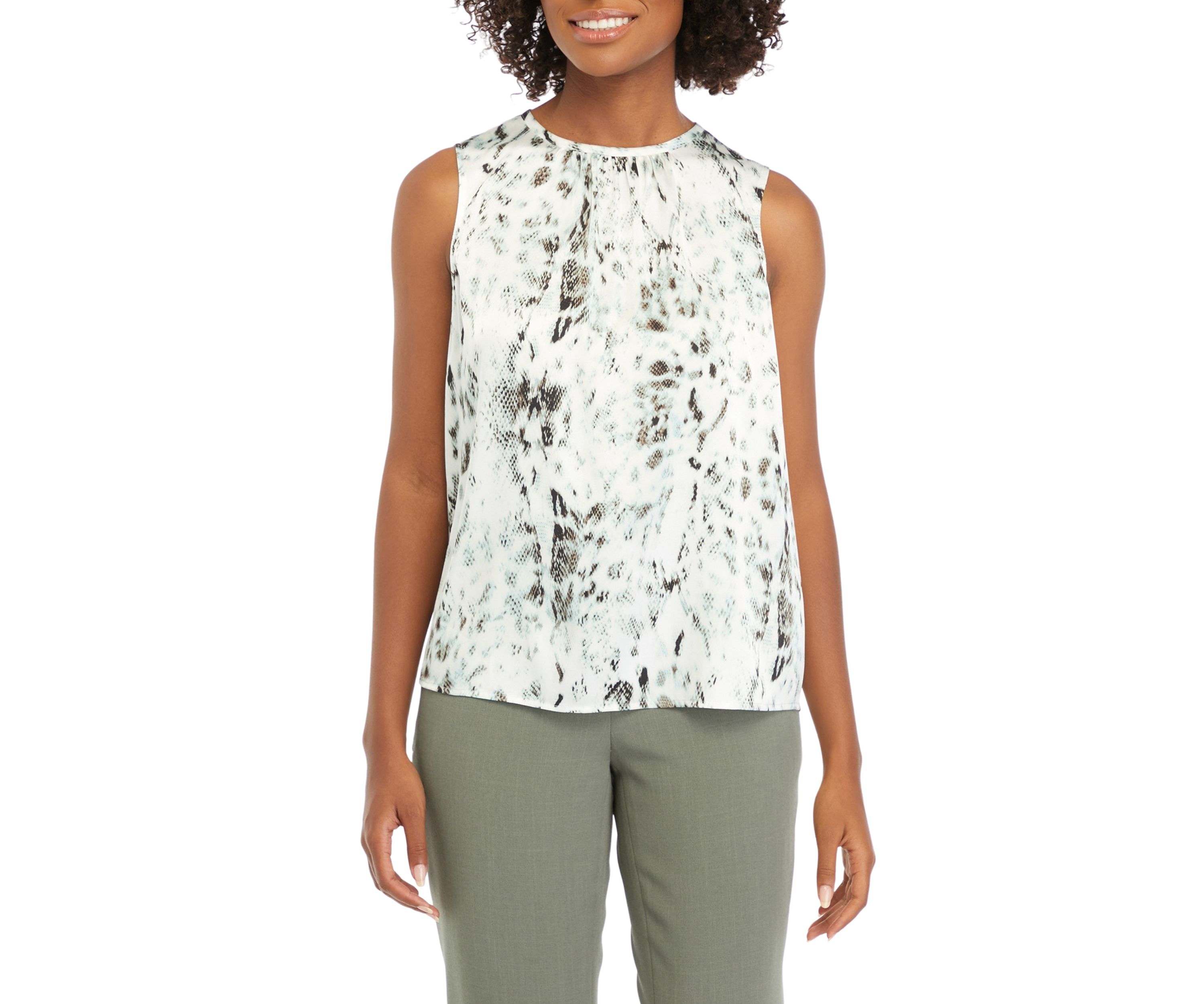 Womens Sleeveless Printed Shirred Blouse
