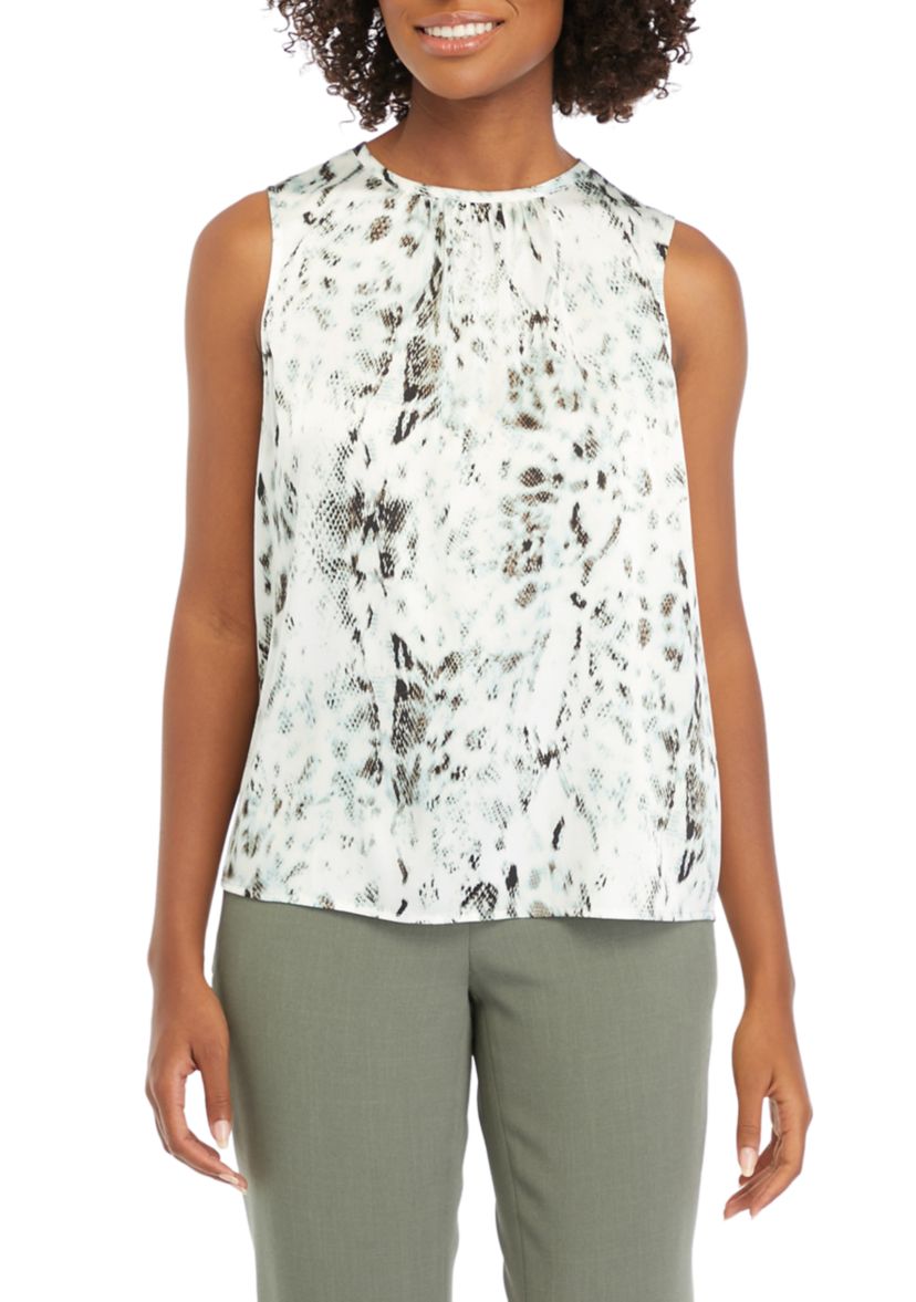 Womens Sleeveless Printed Shirred Blouse