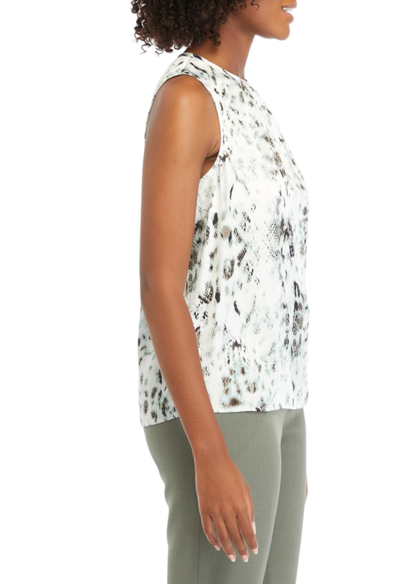 Womens Sleeveless Printed Shirred Blouse
