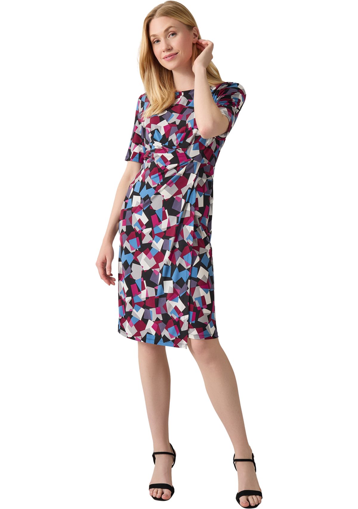 Womens Elbow Sleeve Printed Pleat Front Dress