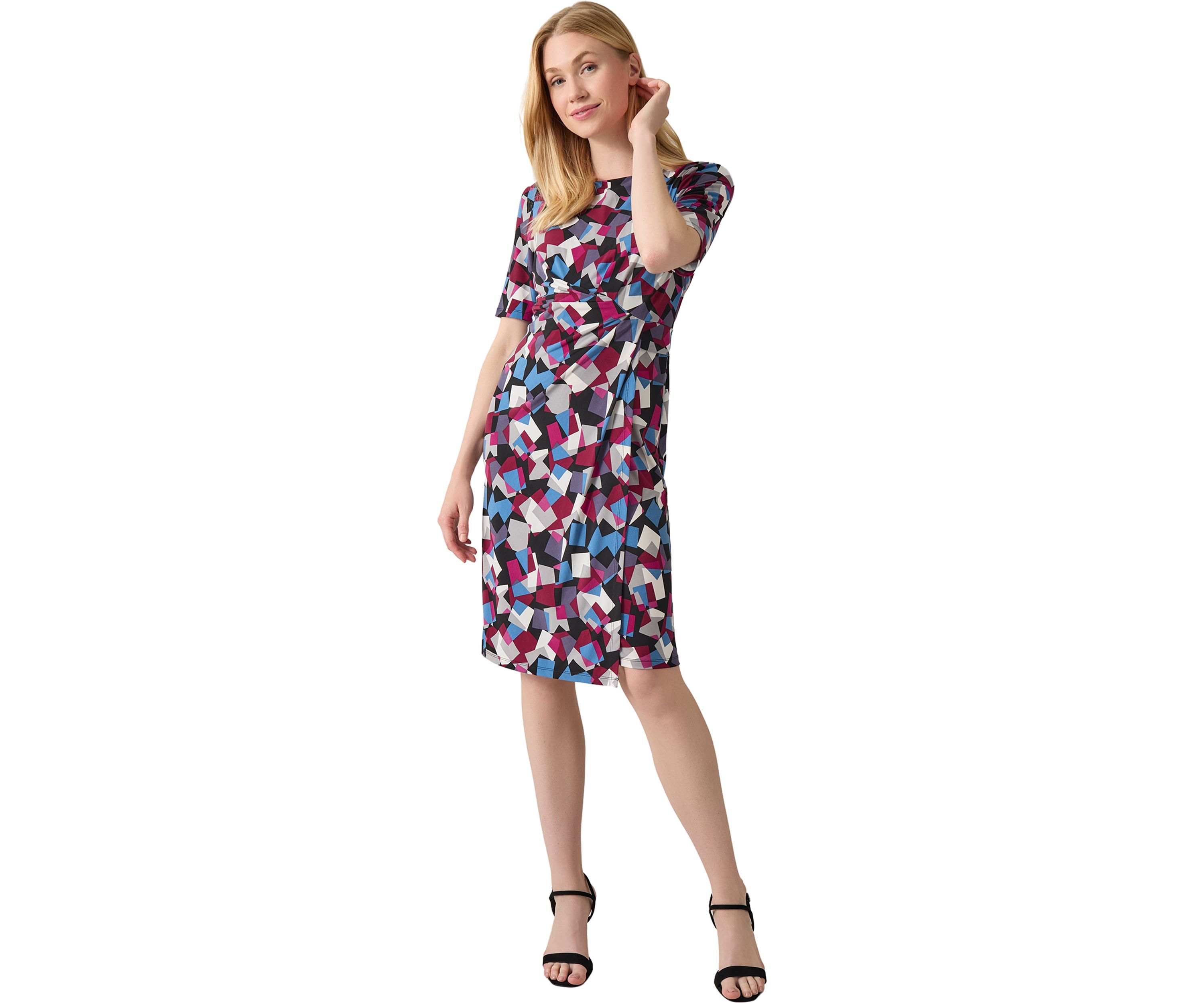 Womens Elbow Sleeve Printed Pleat Front Dress