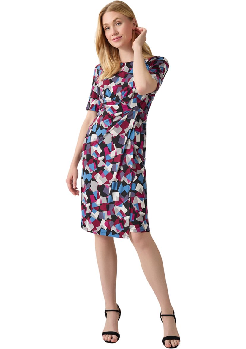 Womens Elbow Sleeve Printed Pleat Front Dress