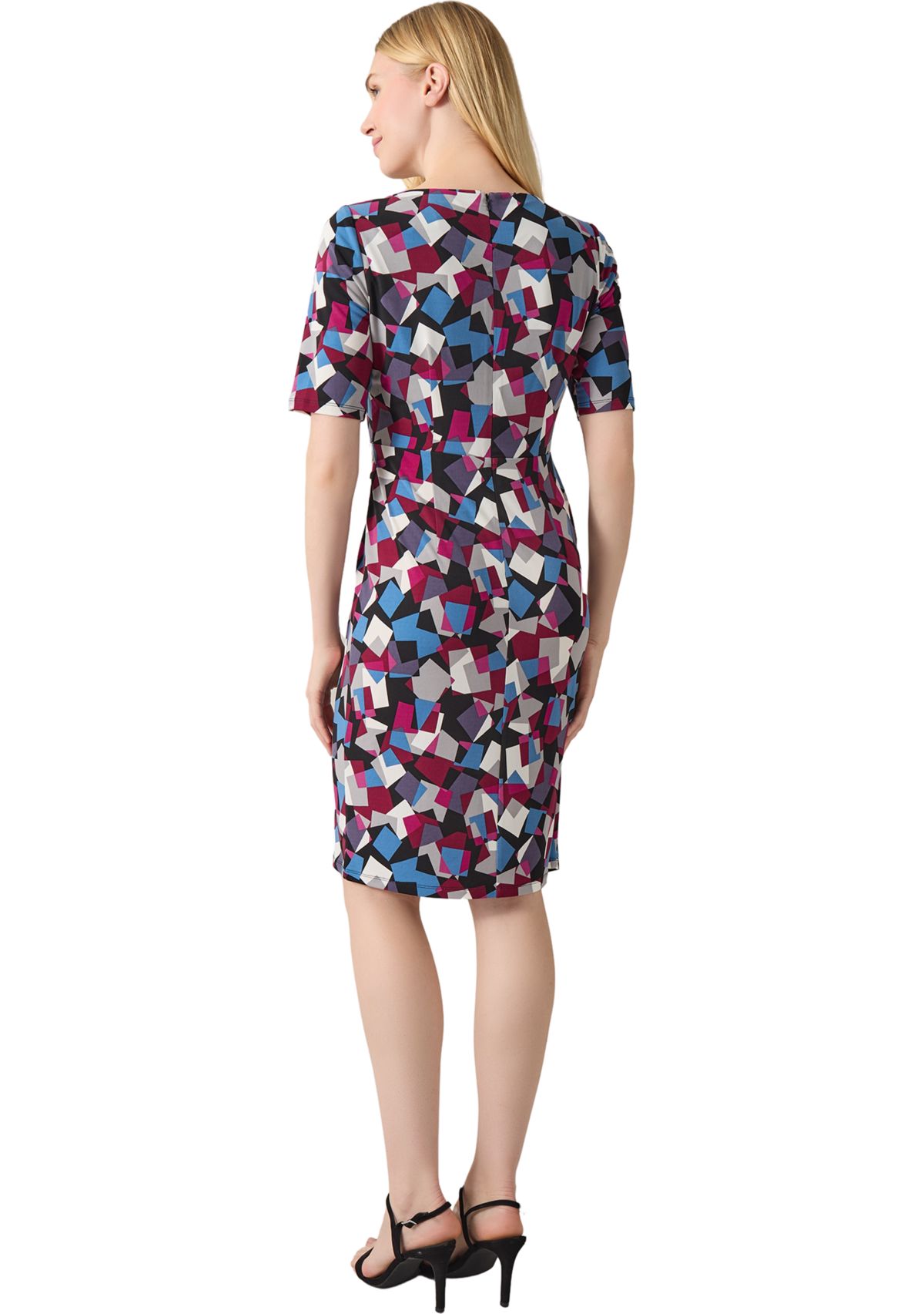 Womens Elbow Sleeve Printed Pleat Front Dress