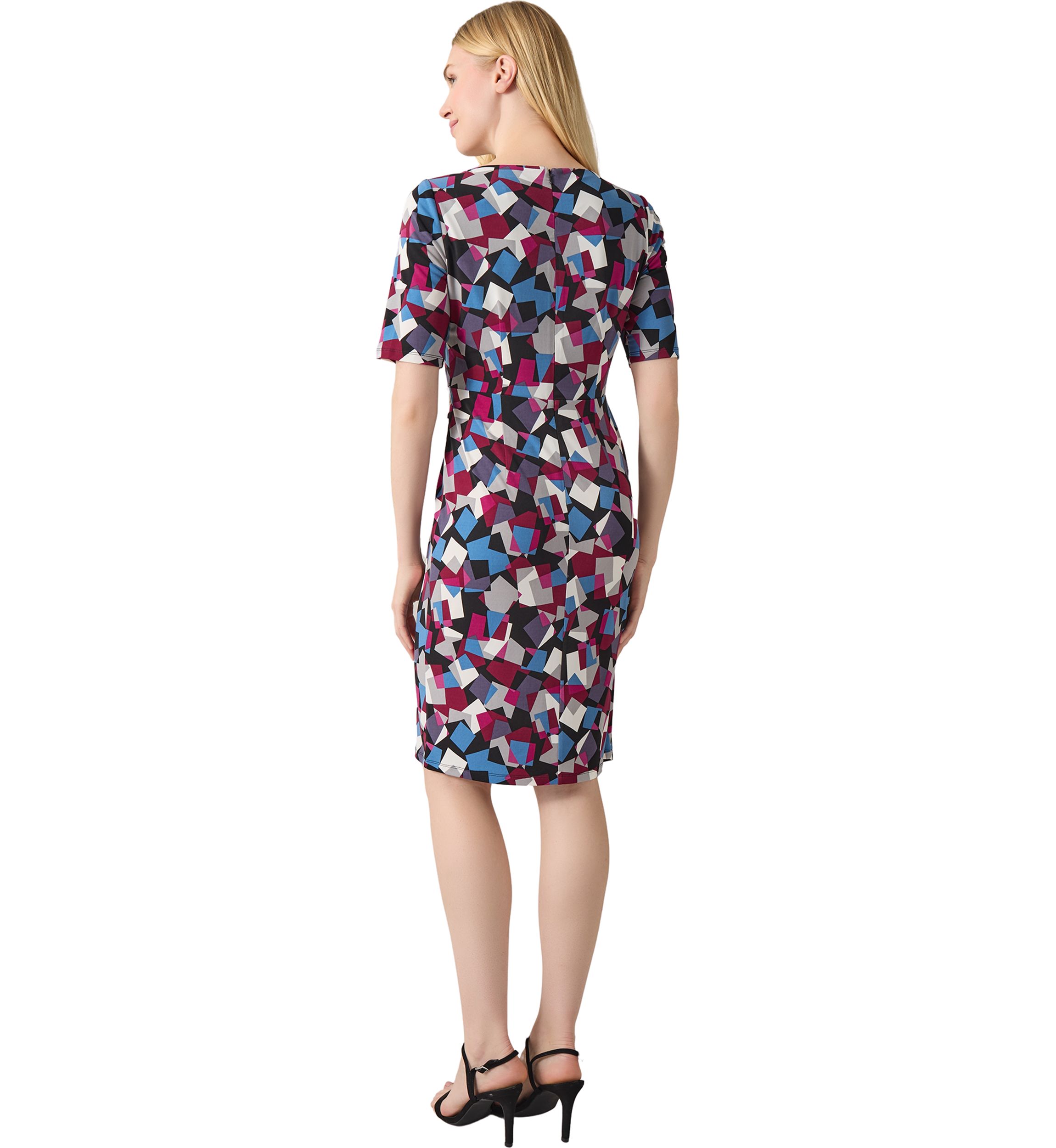 Womens Elbow Sleeve Printed Pleat Front Dress