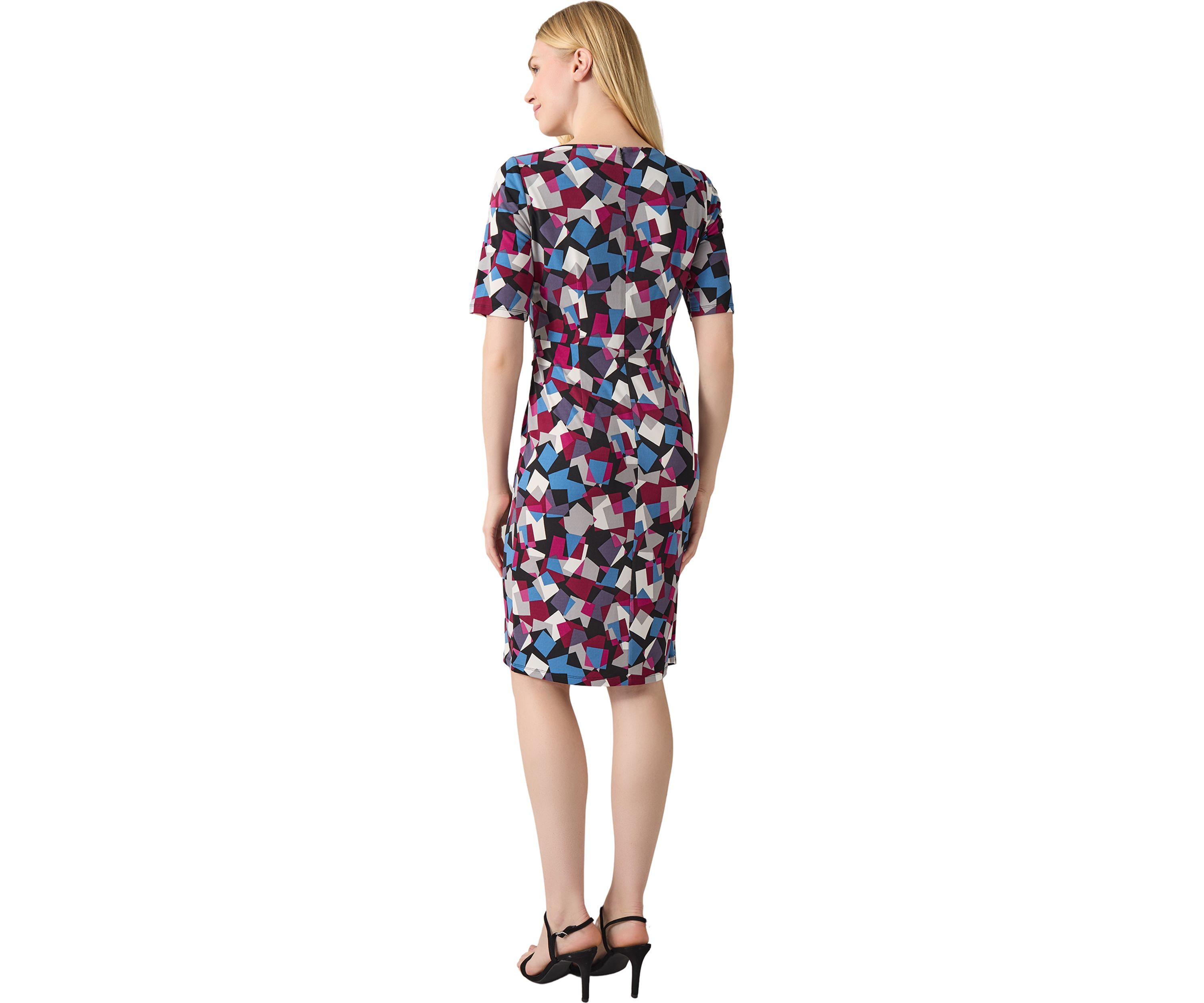 Womens Elbow Sleeve Printed Pleat Front Dress
