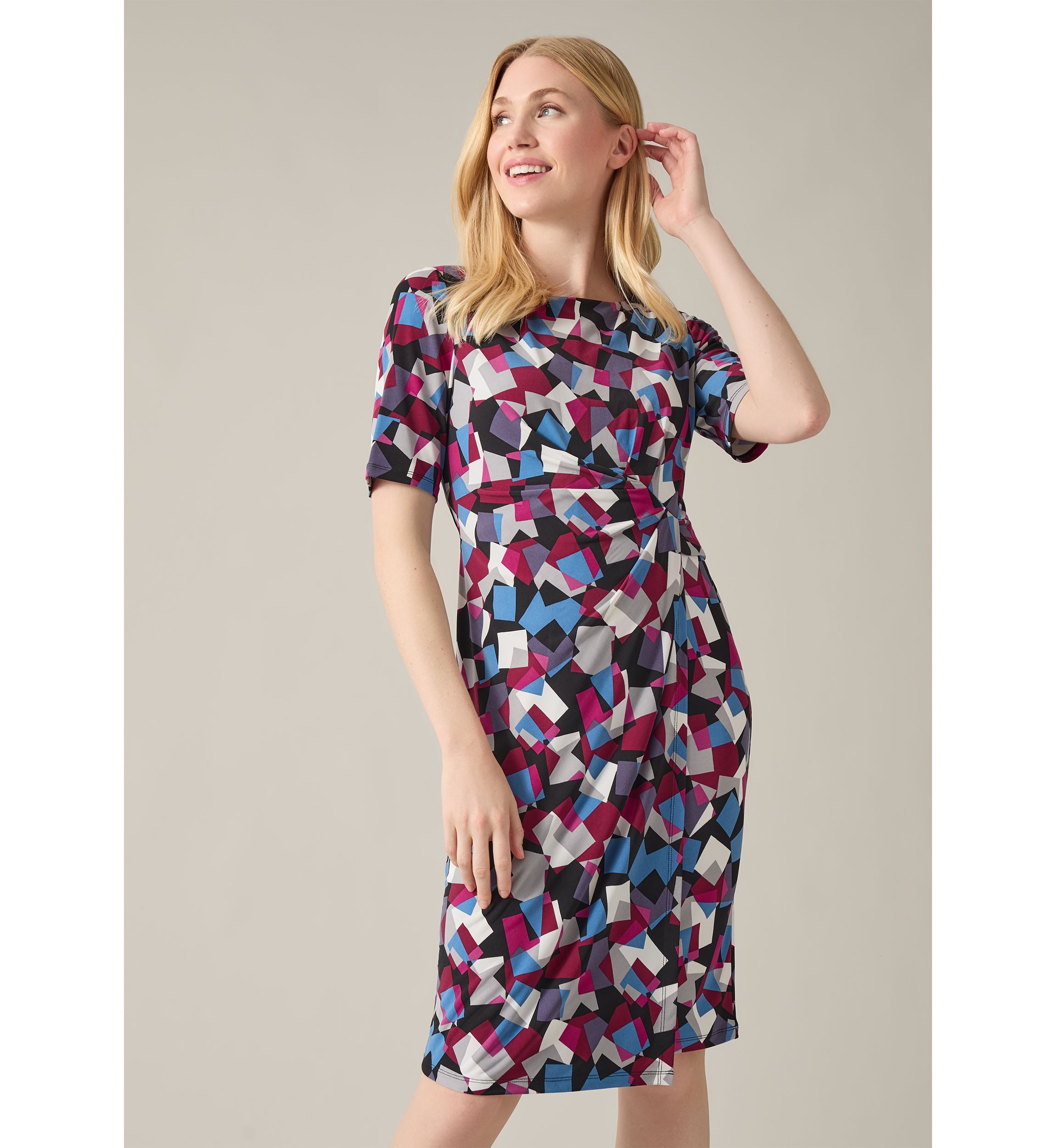 Womens Elbow Sleeve Printed Pleat Front Dress