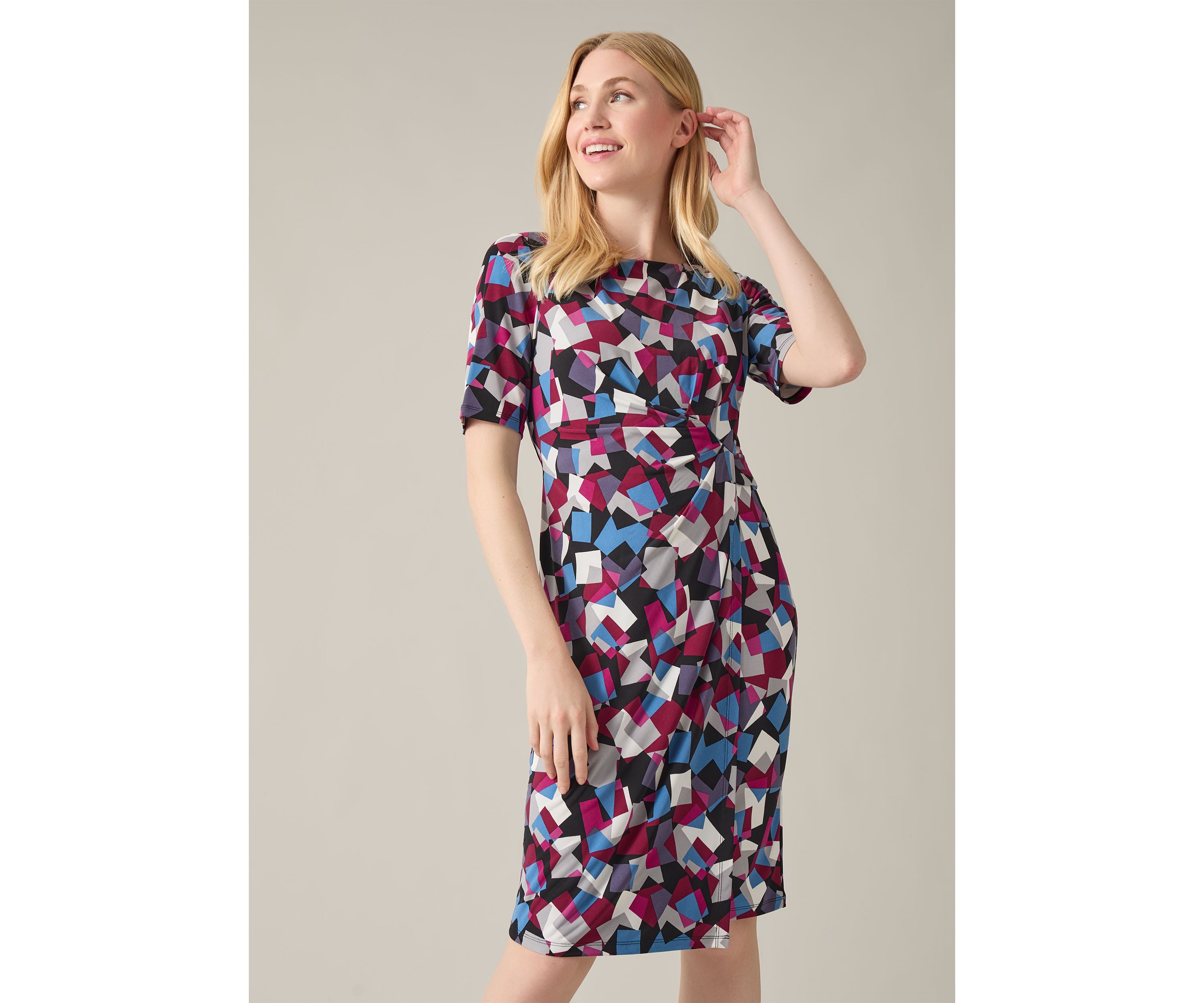 Womens Elbow Sleeve Printed Pleat Front Dress