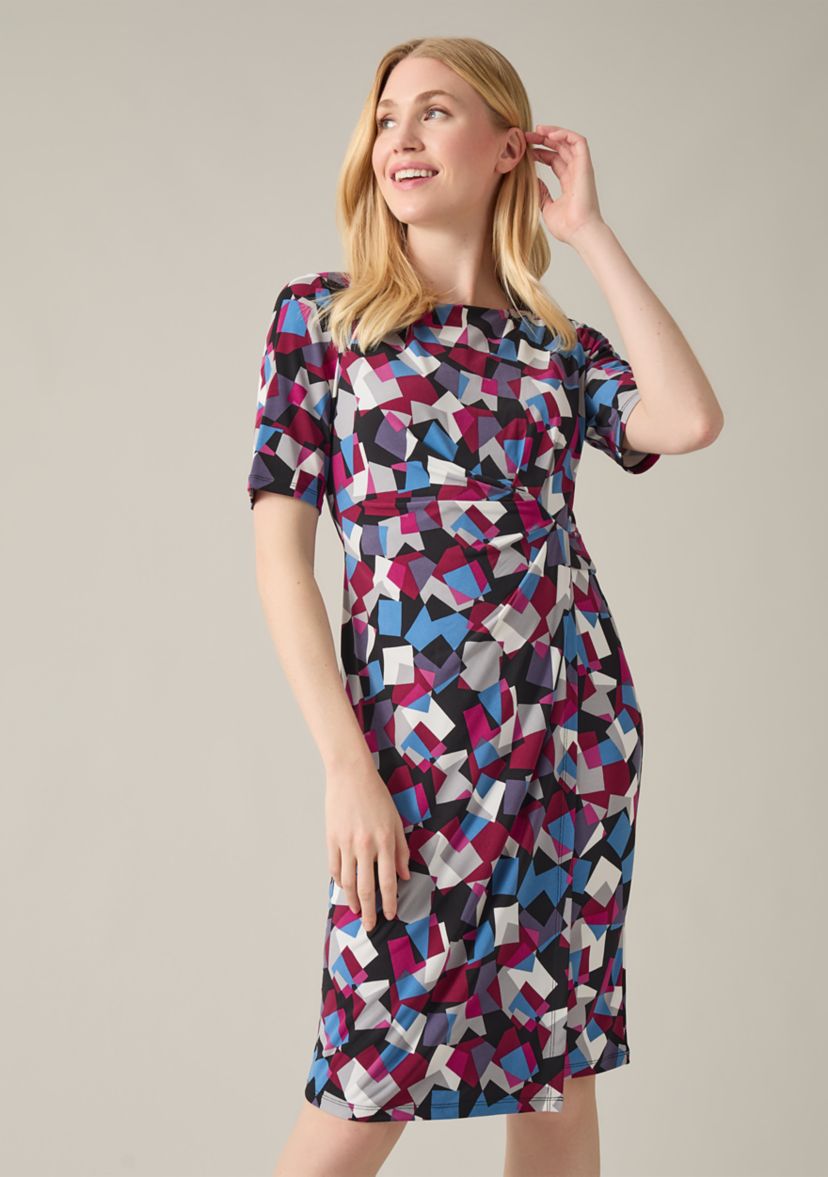 Womens Elbow Sleeve Printed Pleat Front Dress