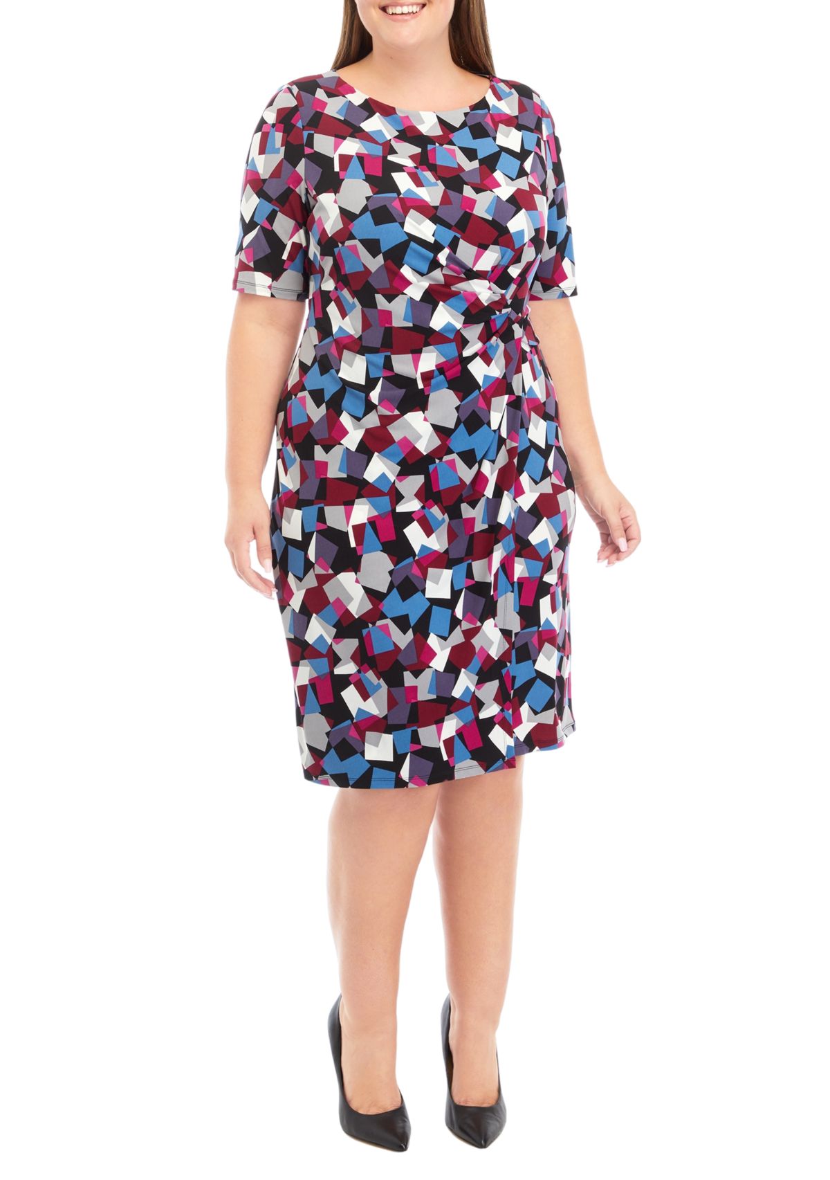 Plus Size Elbow Sleeve Printed Pleat Front Dress