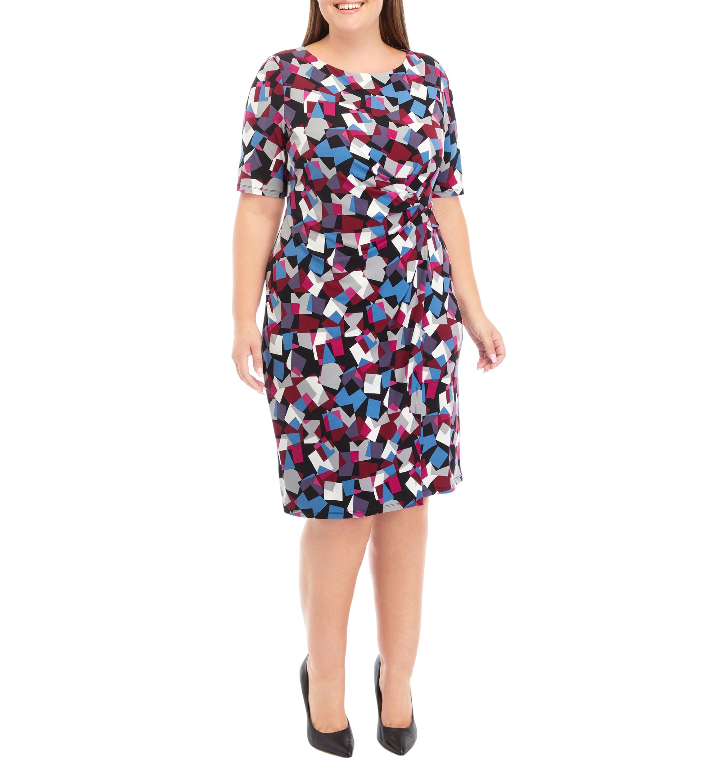 Plus Size Elbow Sleeve Printed Pleat Front Dress