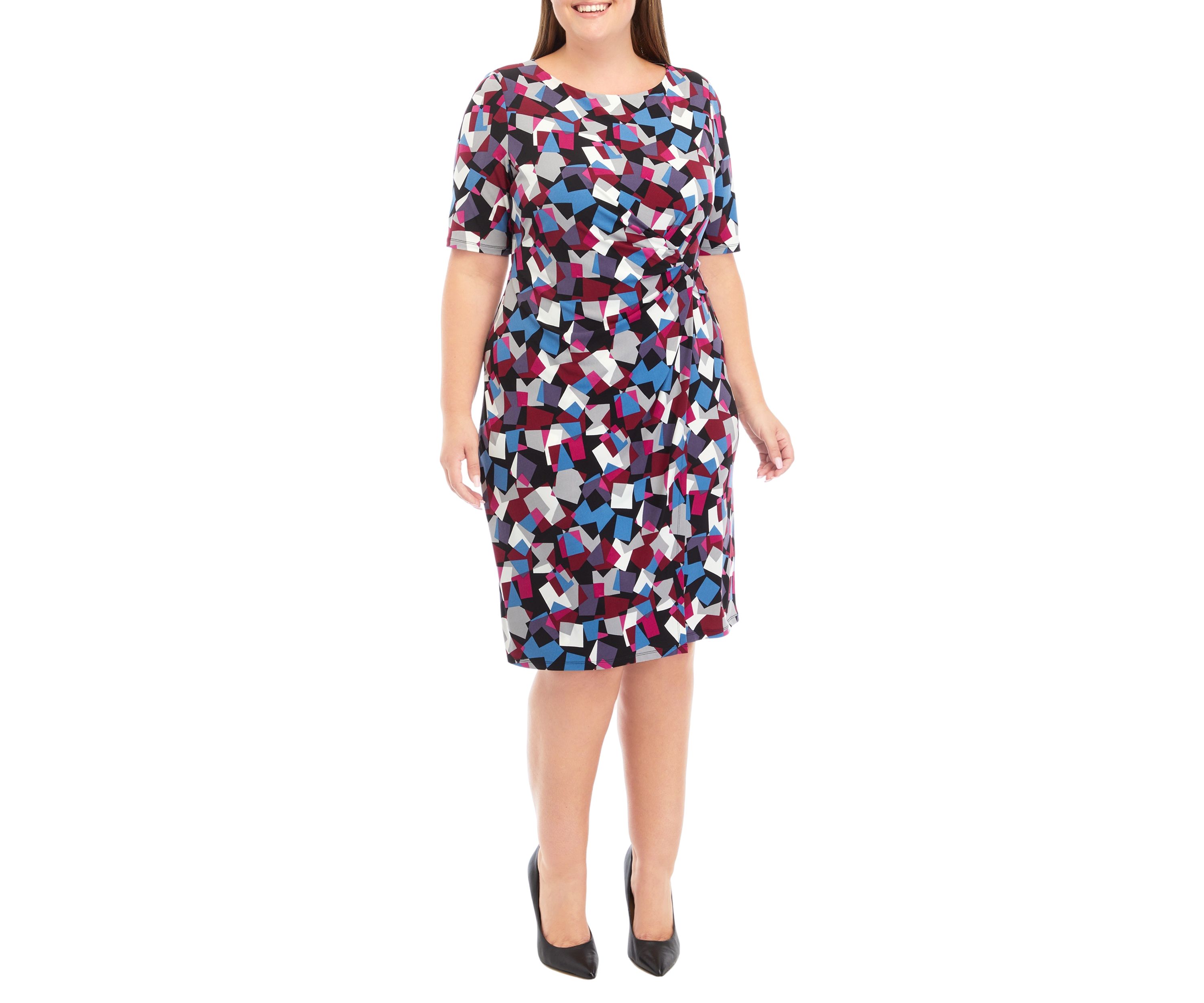 Plus Size Elbow Sleeve Printed Pleat Front Dress