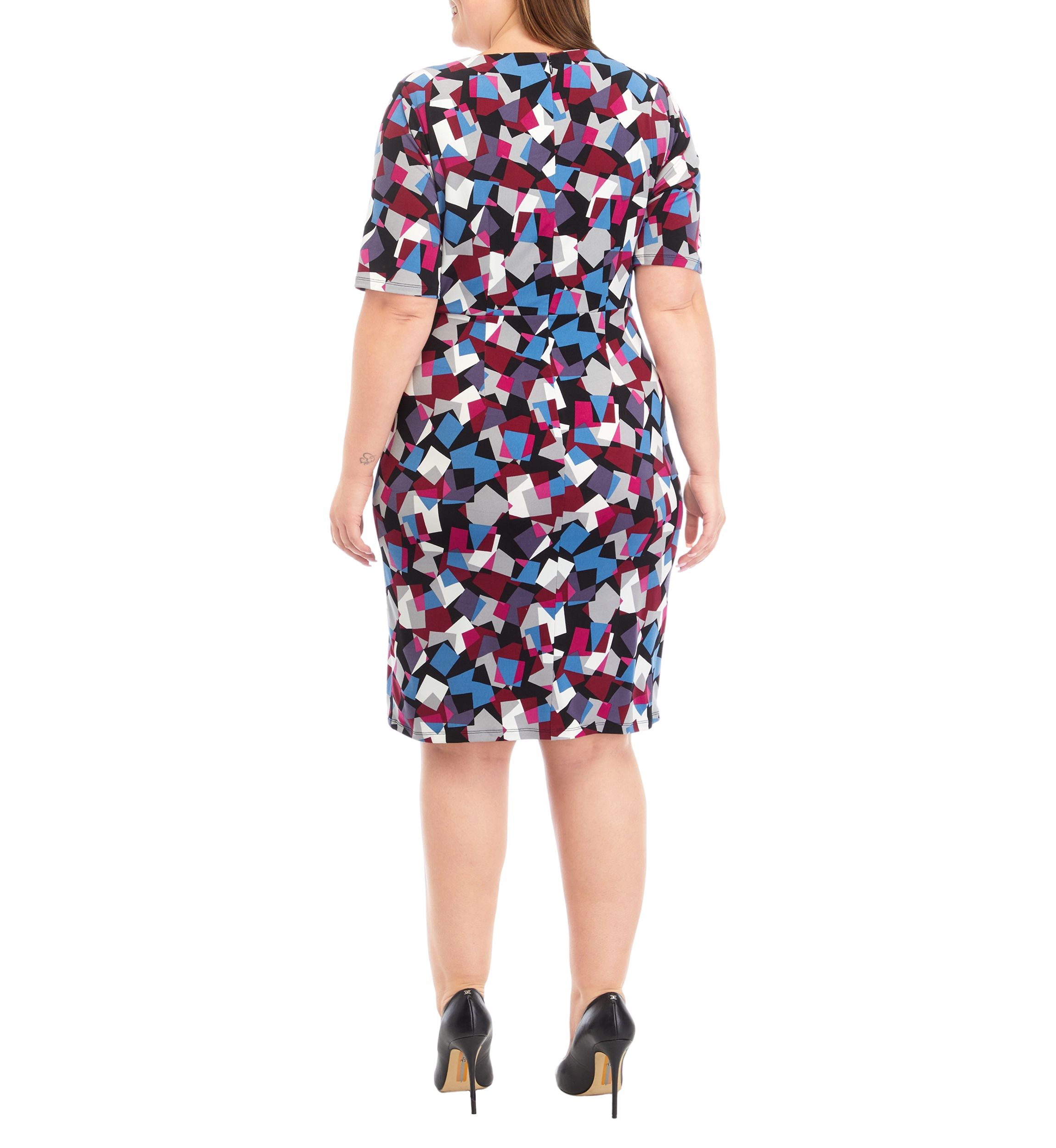 Plus Size Elbow Sleeve Printed Pleat Front Dress