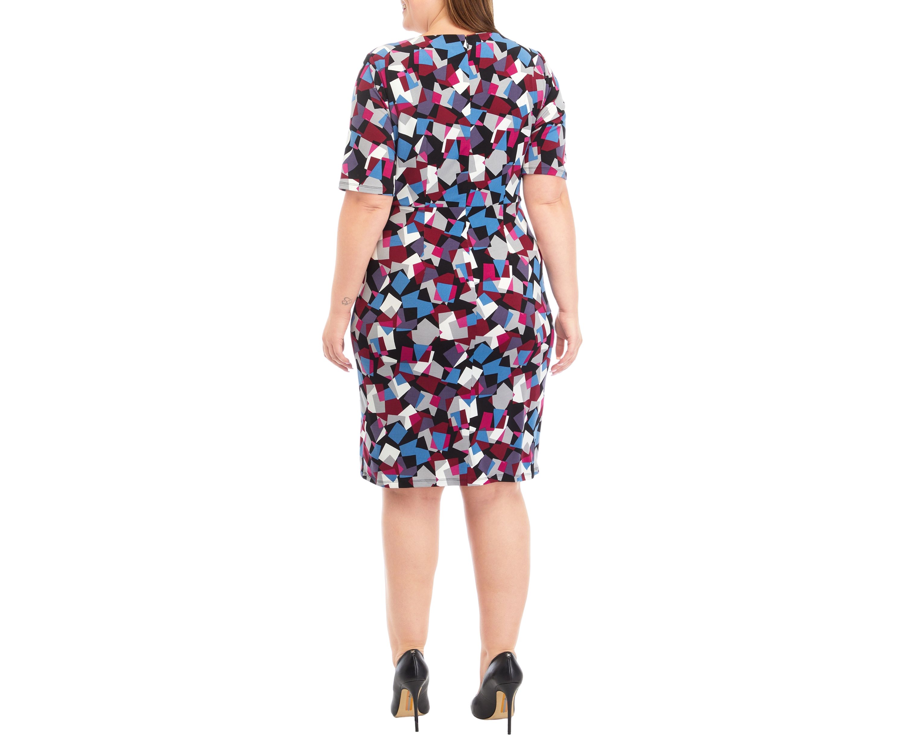 Plus Size Elbow Sleeve Printed Pleat Front Dress