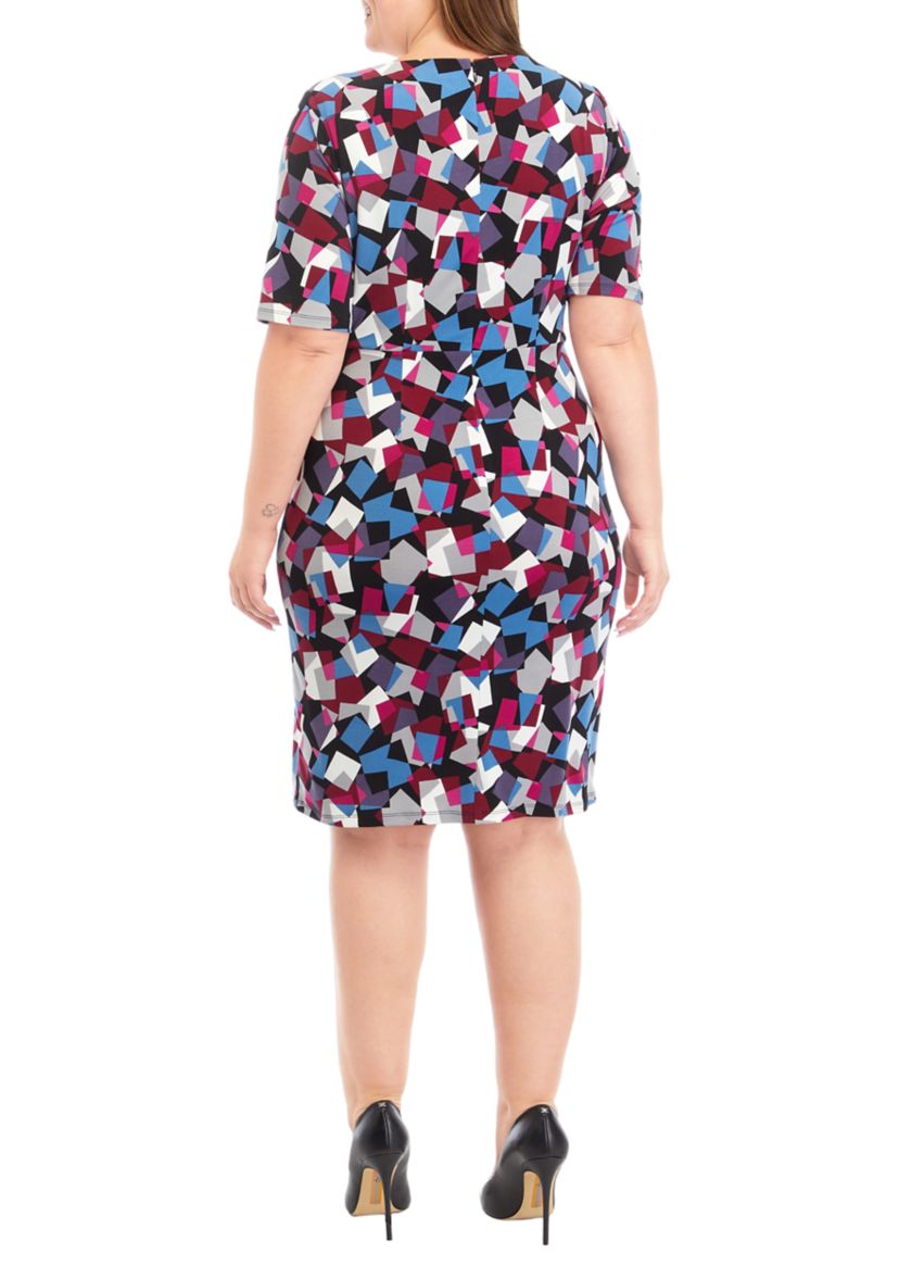Plus Size Elbow Sleeve Printed Pleat Front Dress