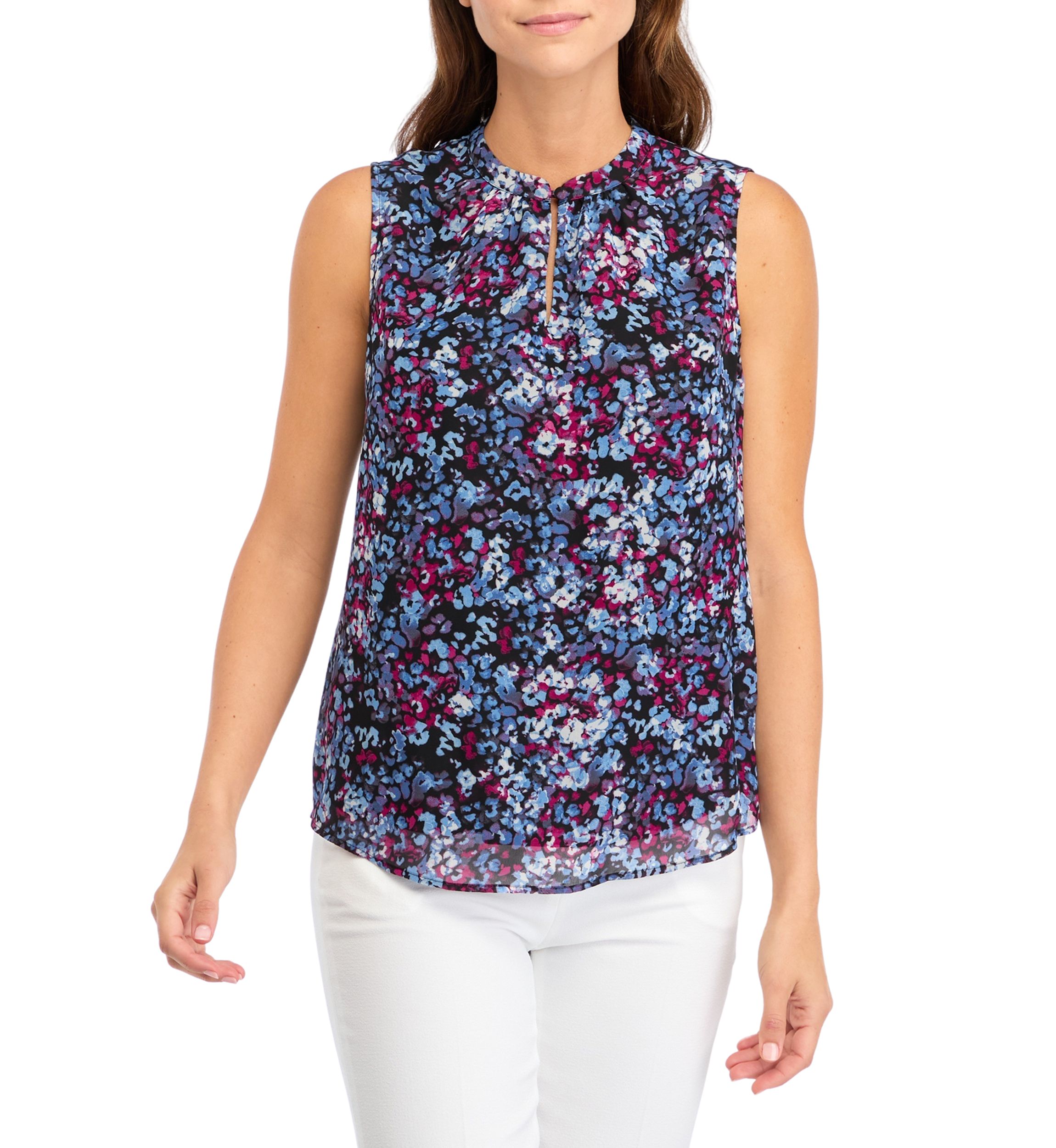 Womens Jewel Neck Sleeveless Keyhole Blouse