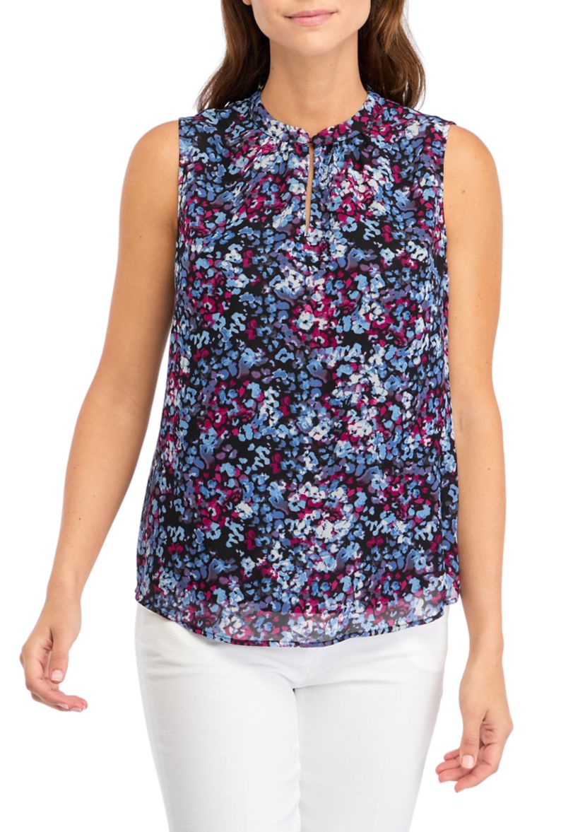 Womens Jewel Neck Sleeveless Keyhole Blouse