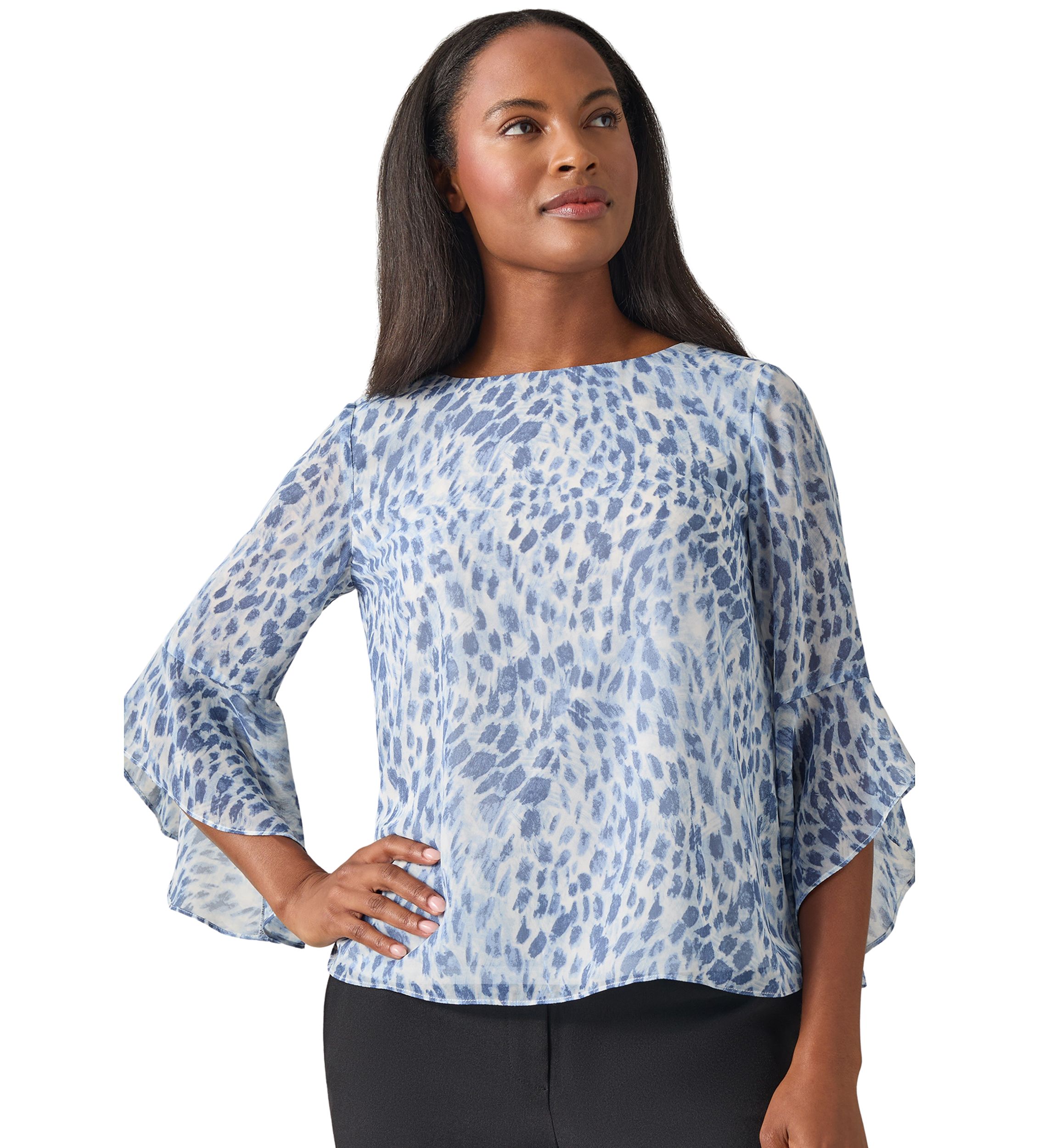  Petite Bell Sleeve Printed Blouse 