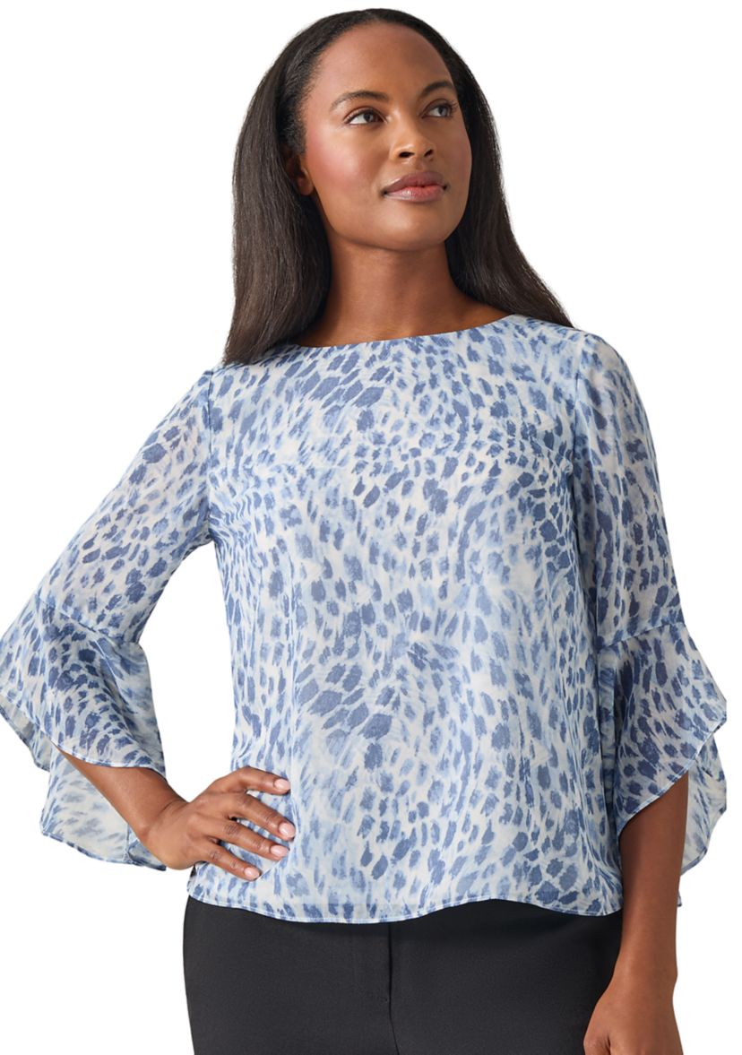  Petite Bell Sleeve Printed Blouse 
