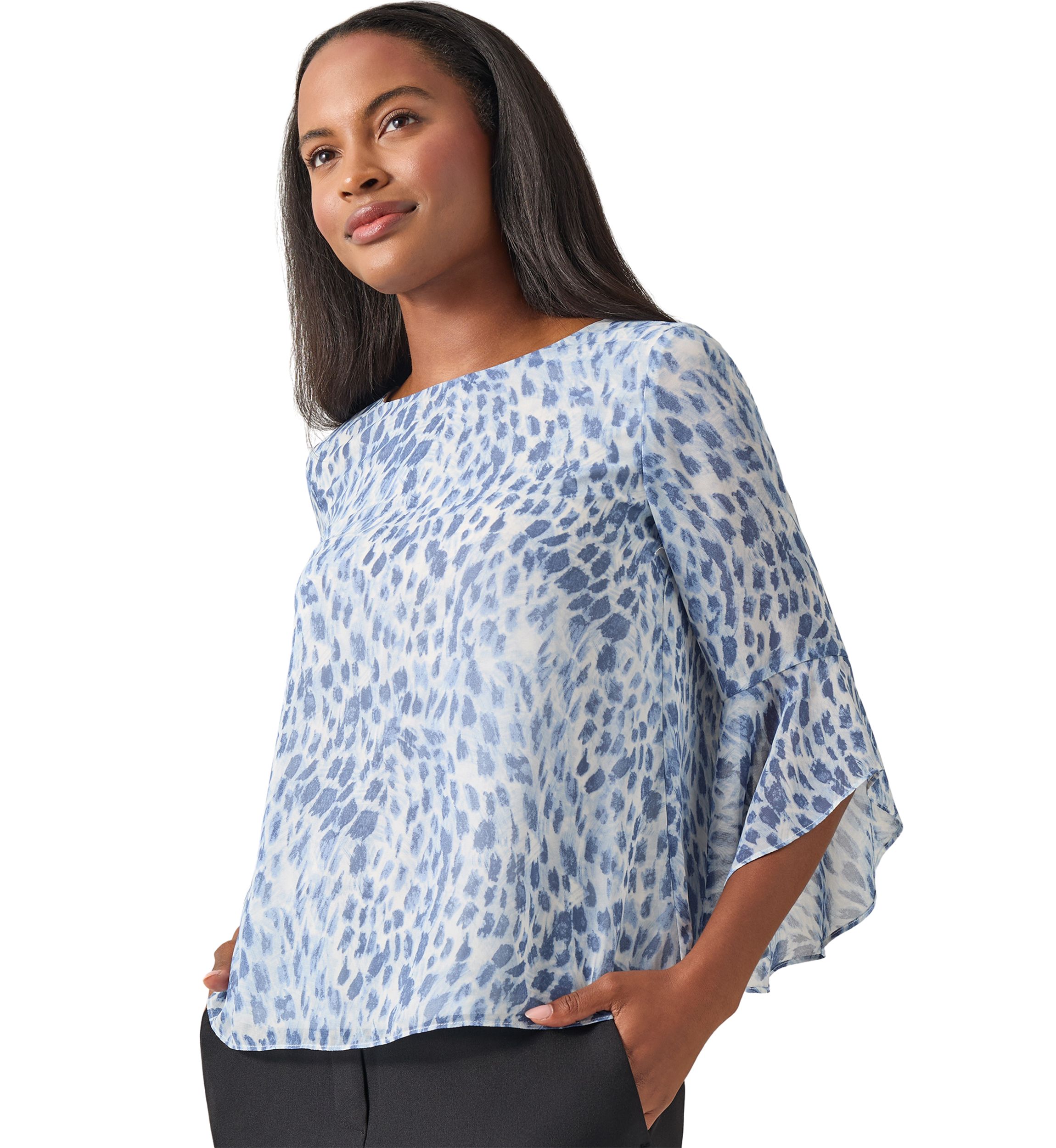  Petite Bell Sleeve Printed Blouse 