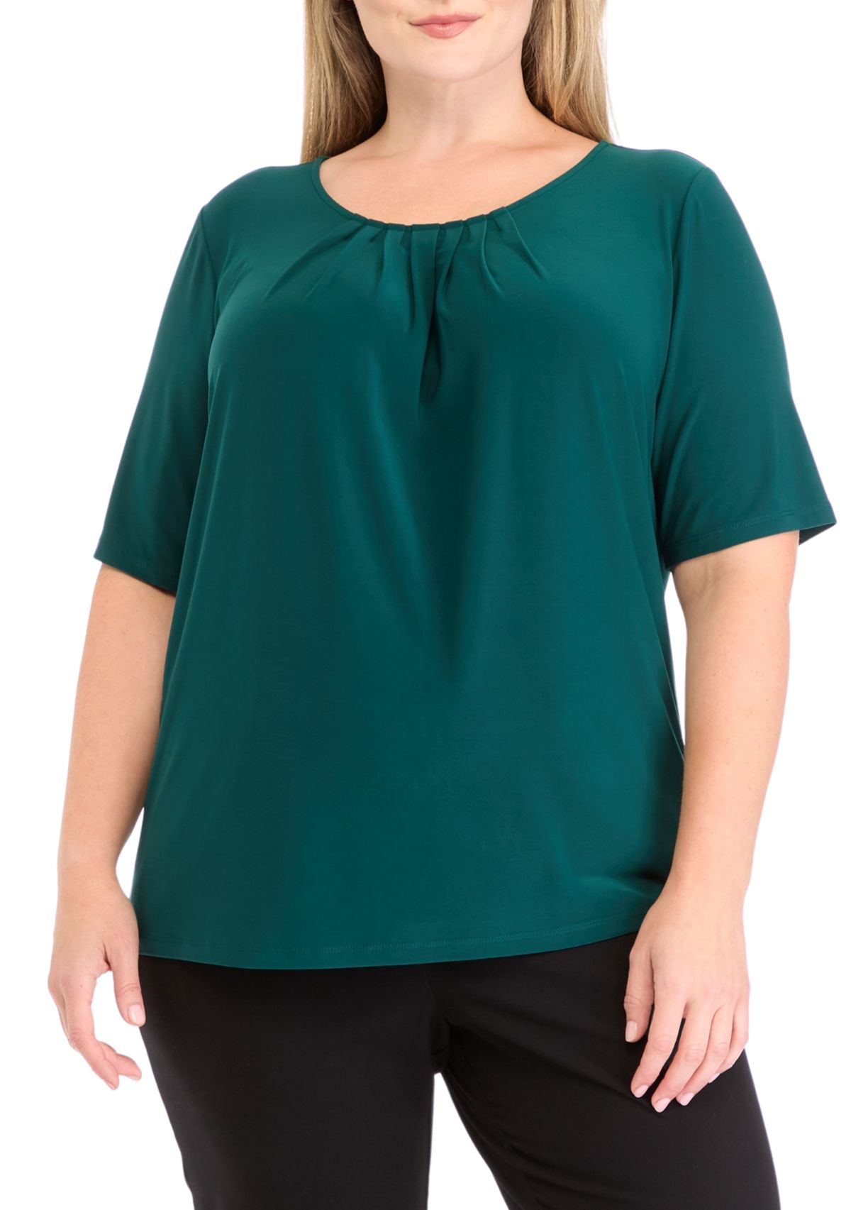 Plus Size Elbow Sleeve Box Pleat Neck Top