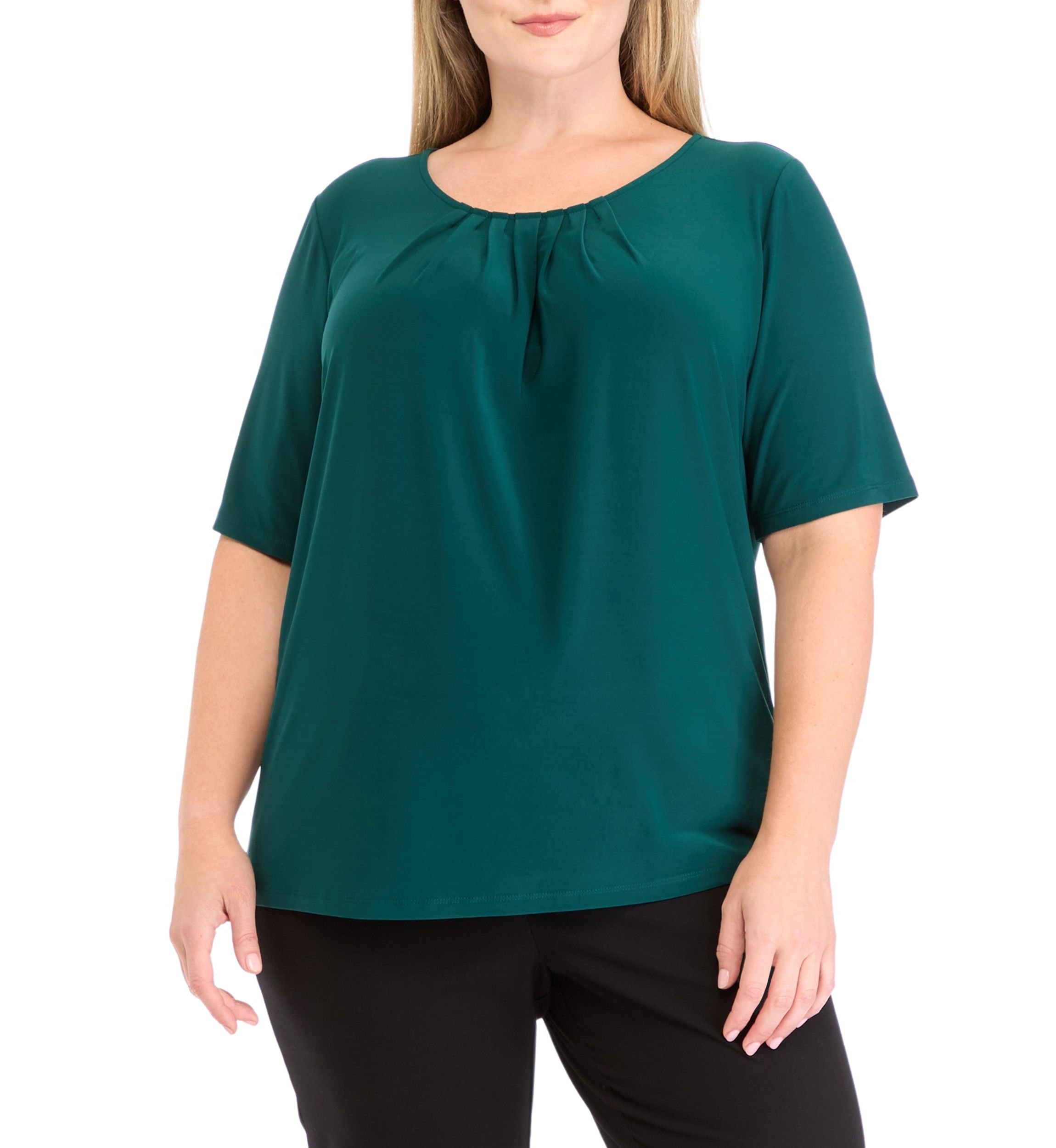 Plus Size Elbow Sleeve Box Pleat Neck Top