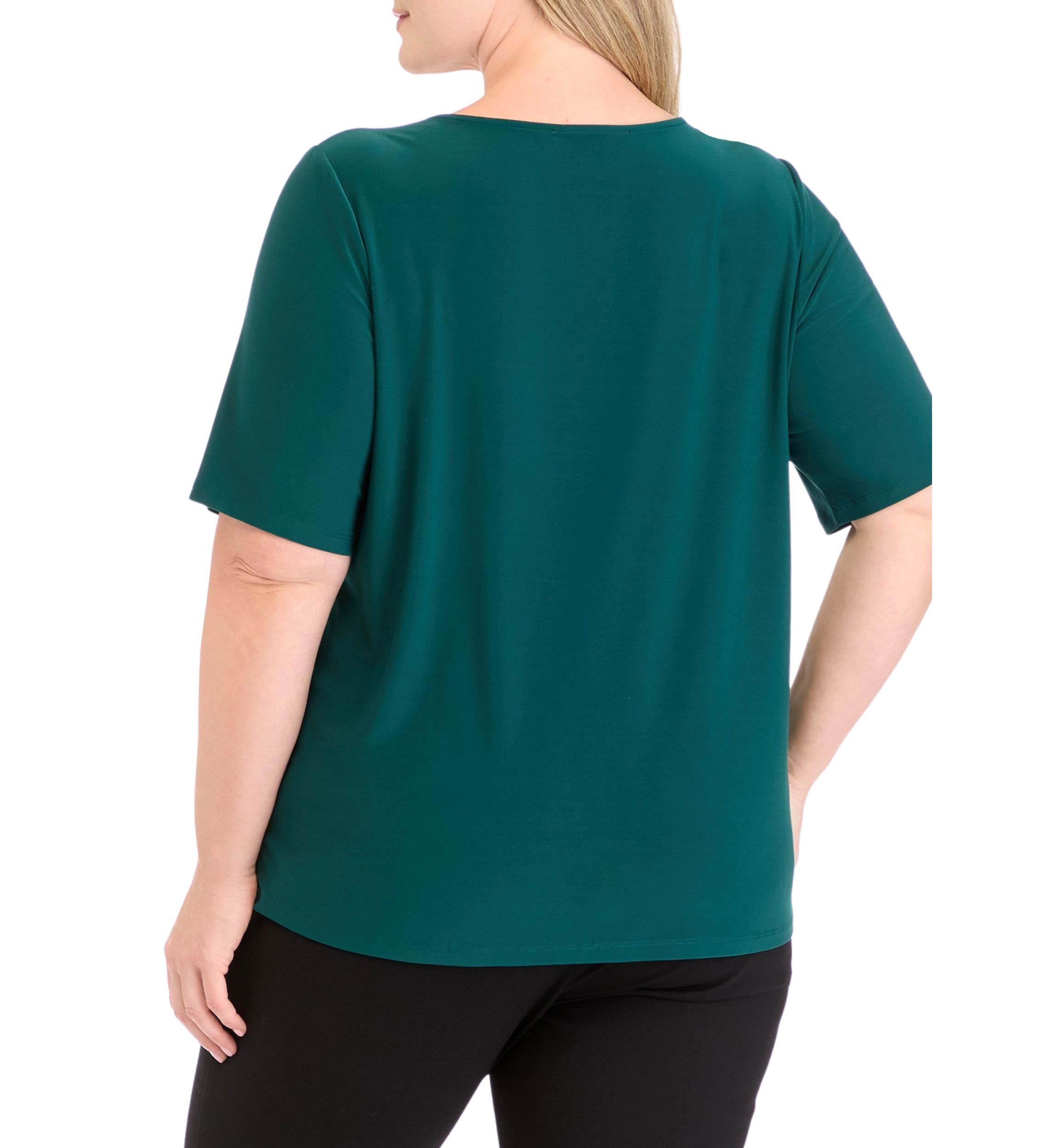 Plus Size Elbow Sleeve Box Pleat Neck Top
