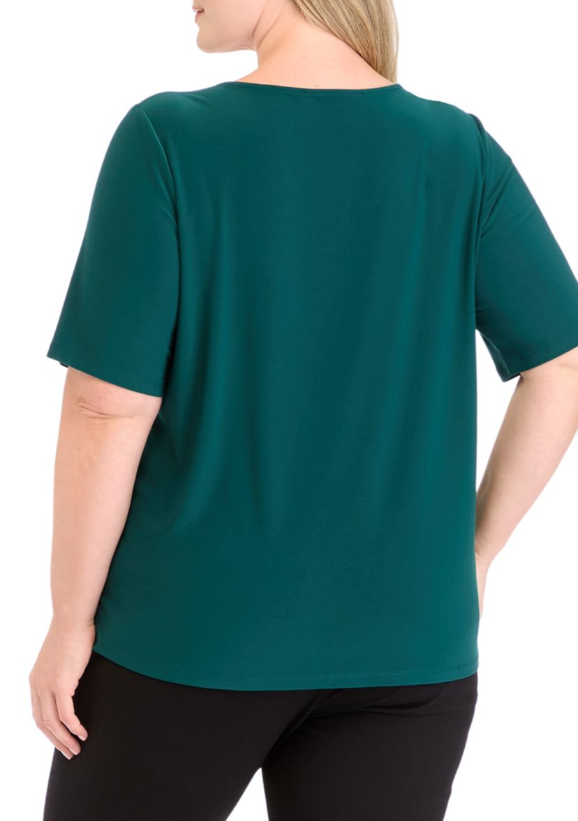Plus Size Elbow Sleeve Box Pleat Neck Top