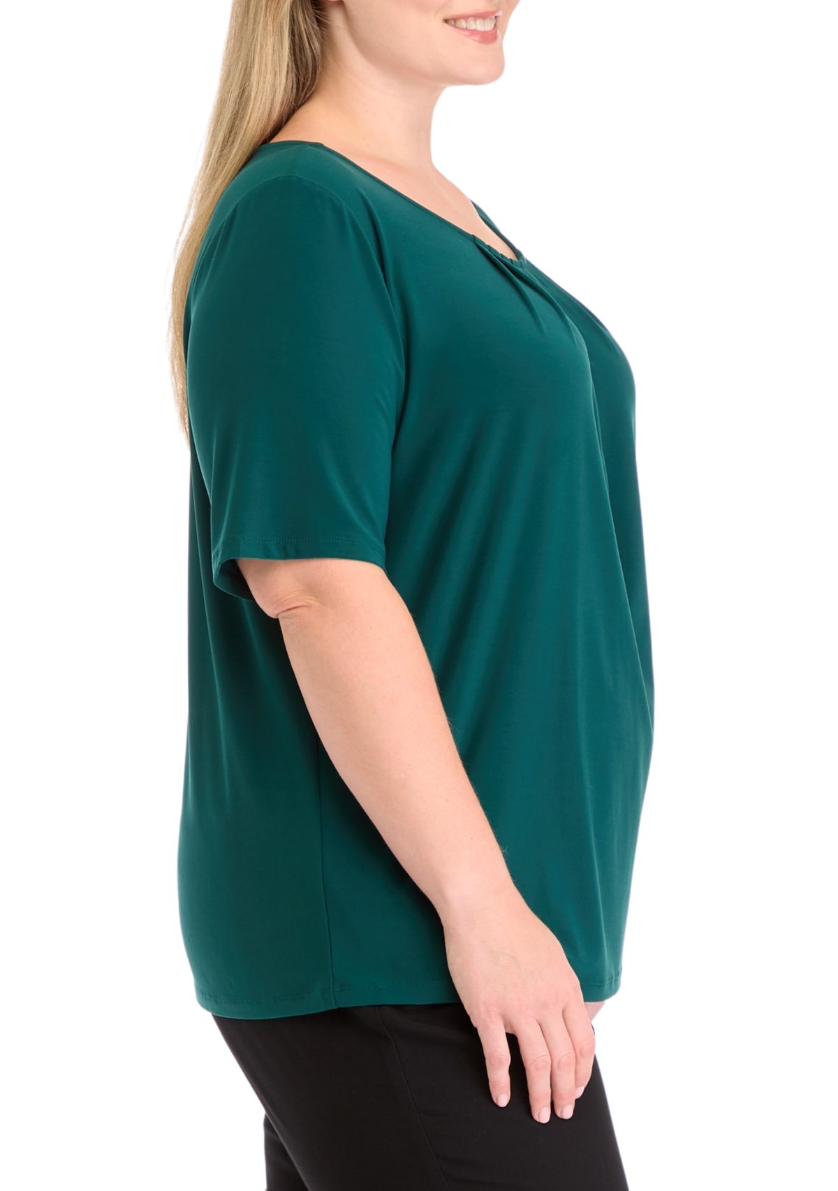 Plus Size Elbow Sleeve Box Pleat Neck Top