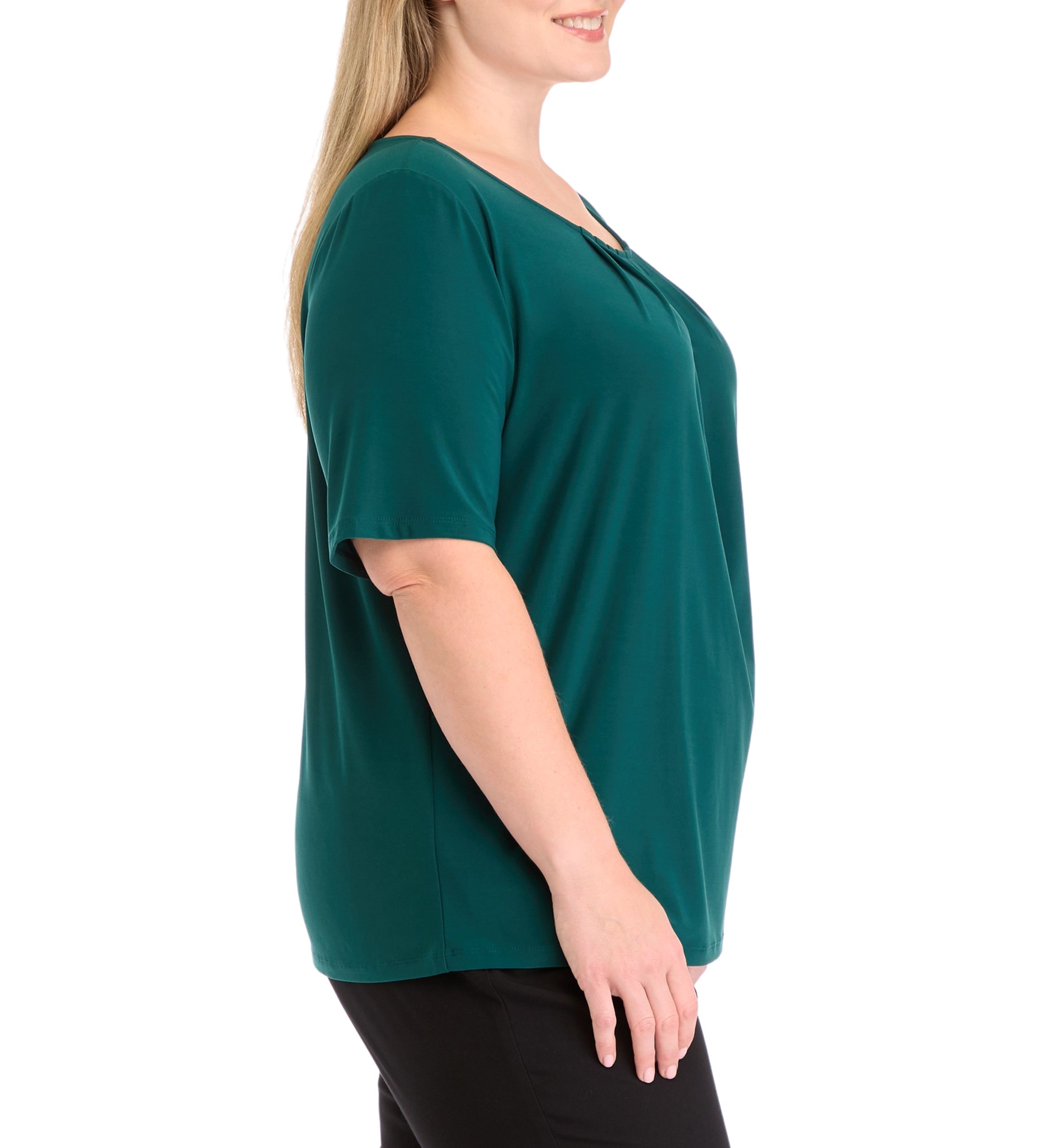 Plus Size Elbow Sleeve Box Pleat Neck Top