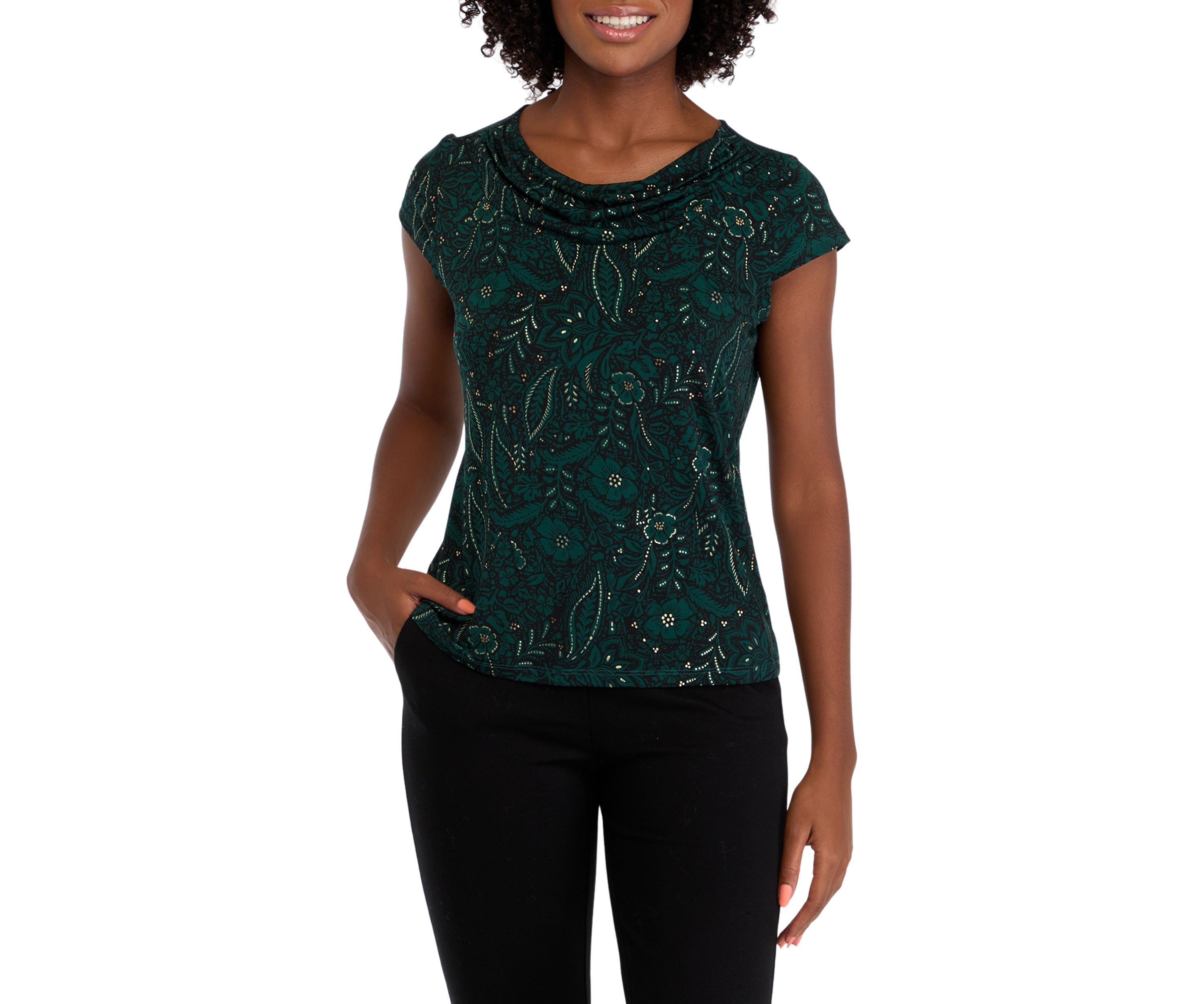 Womens Cap Sleeve Cowl Neck Printed Top 