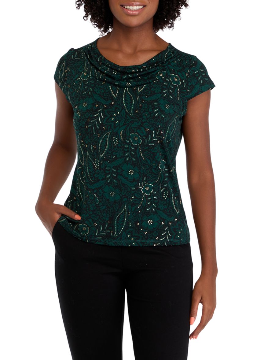 Womens Cap Sleeve Cowl Neck Printed Top 