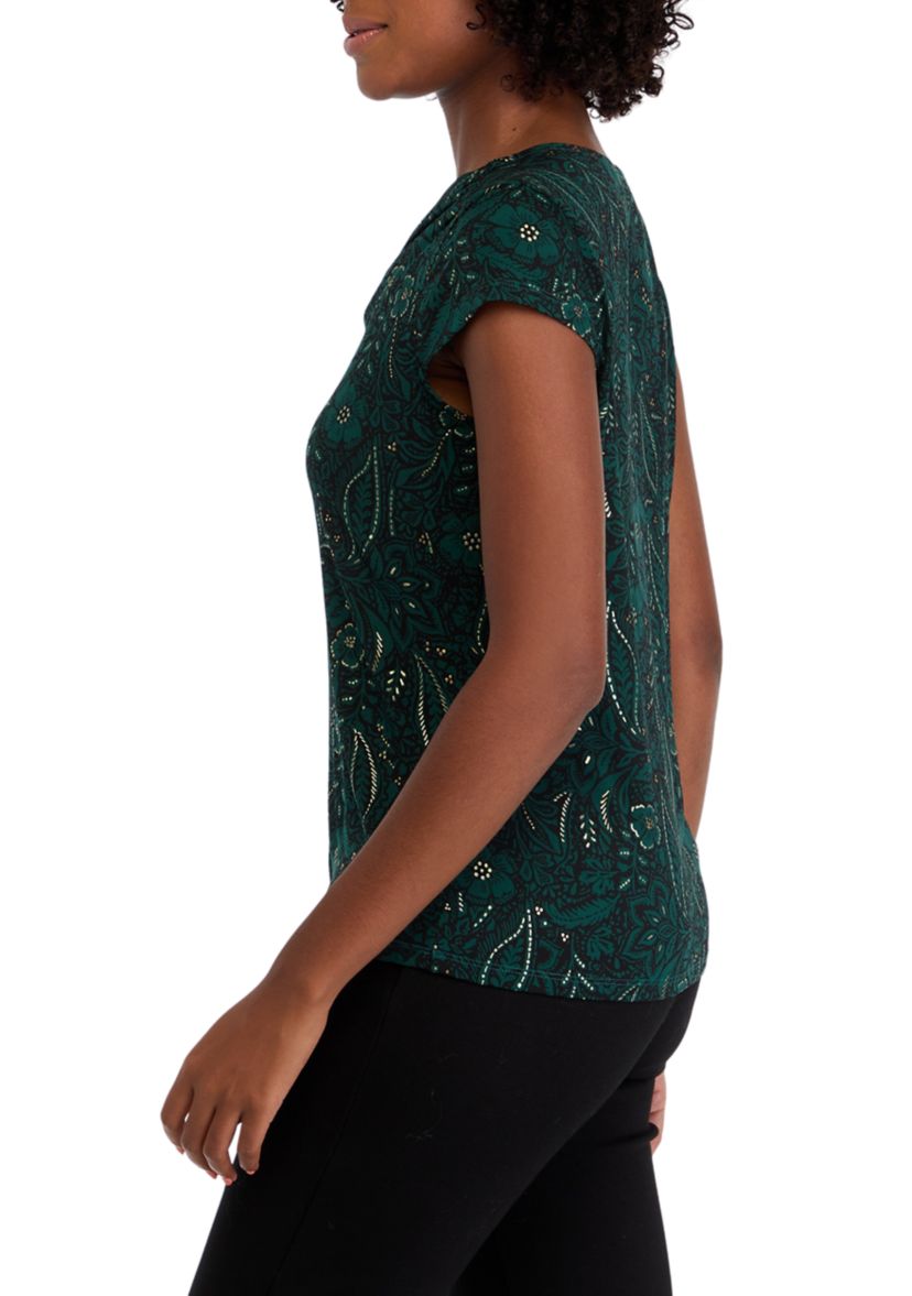 Womens Cap Sleeve Cowl Neck Printed Top 