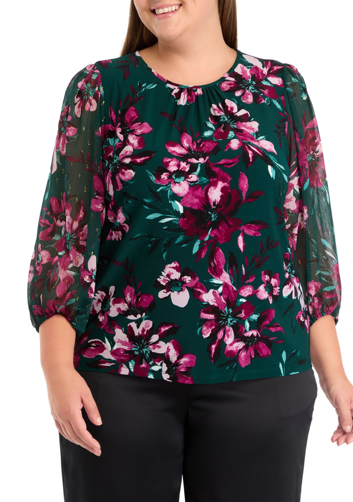 Plus Size Shirred Neck Blouson Sleeve Top