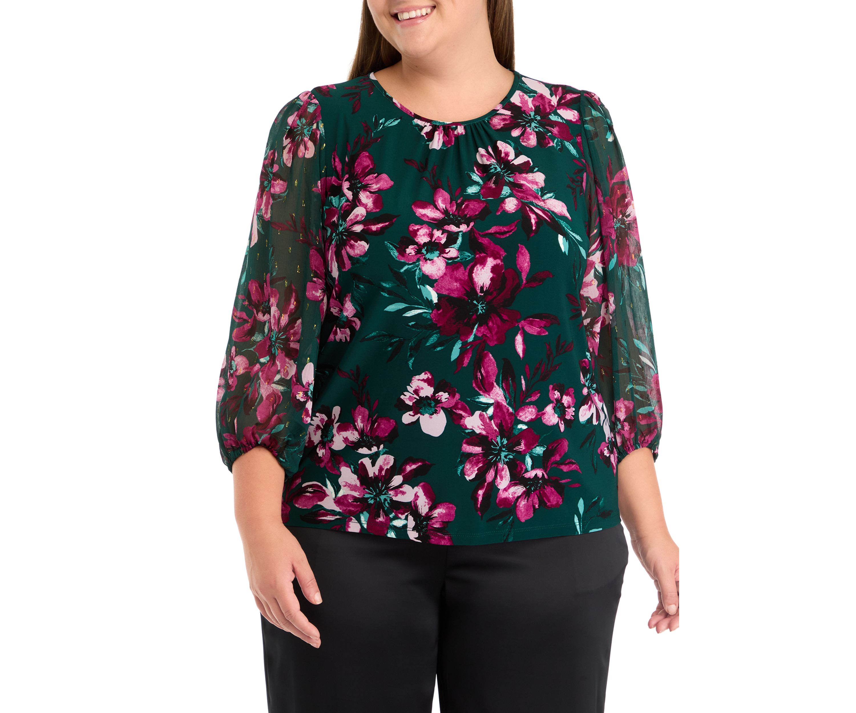 Plus Size Shirred Neck Blouson Sleeve Top