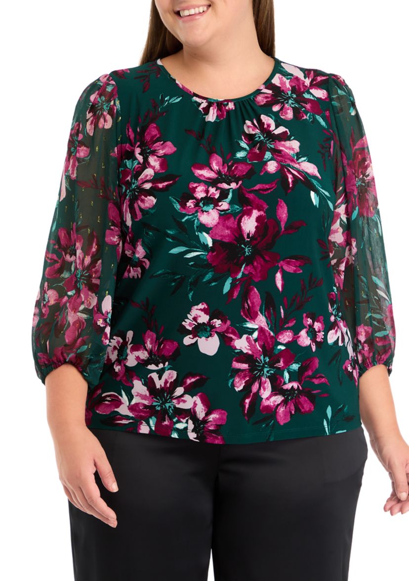 Plus Size Shirred Neck Blouson Sleeve Top