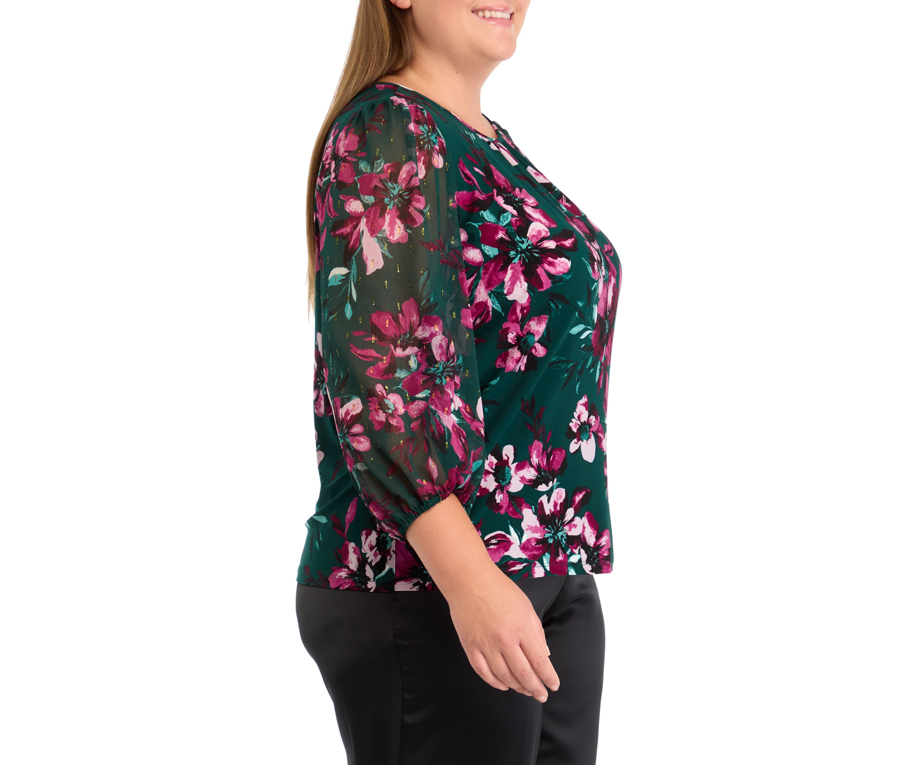 Plus Size Shirred Neck Blouson Sleeve Top