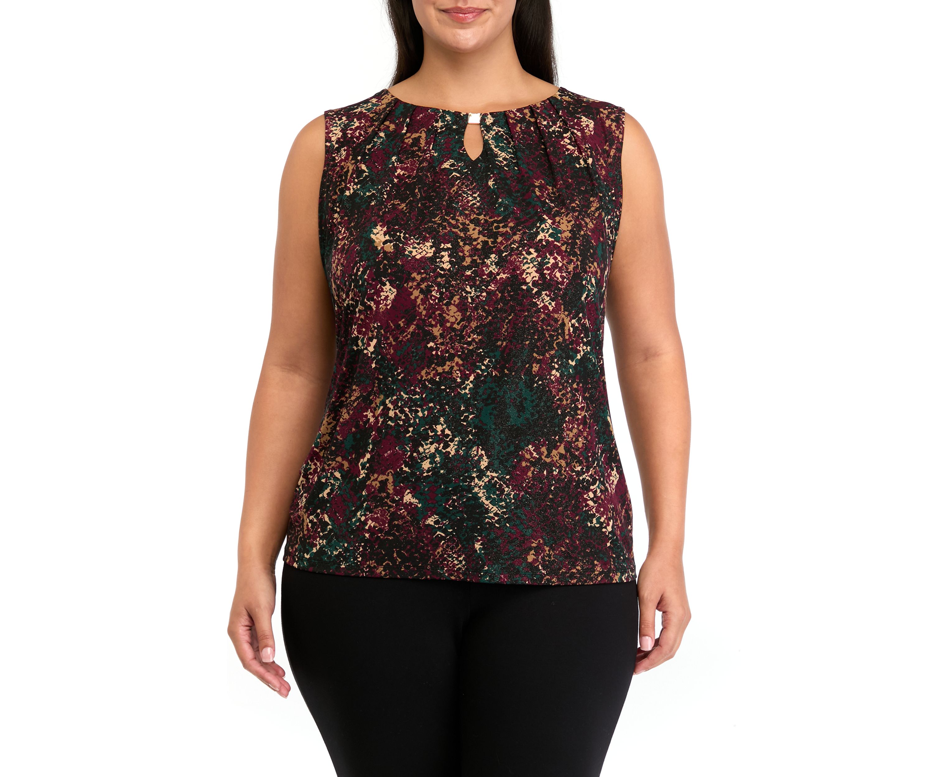 Plus Size Pleat Neck Printed Top