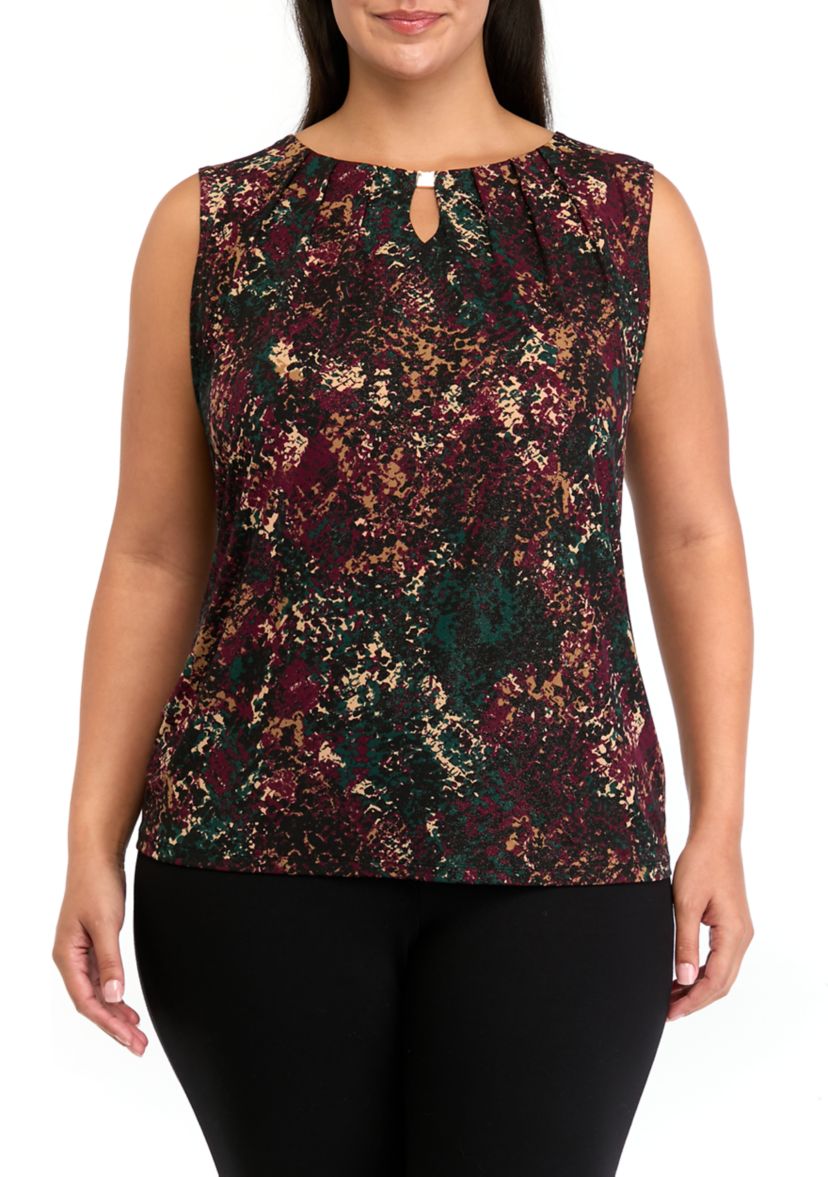 Plus Size Pleat Neck Printed Top