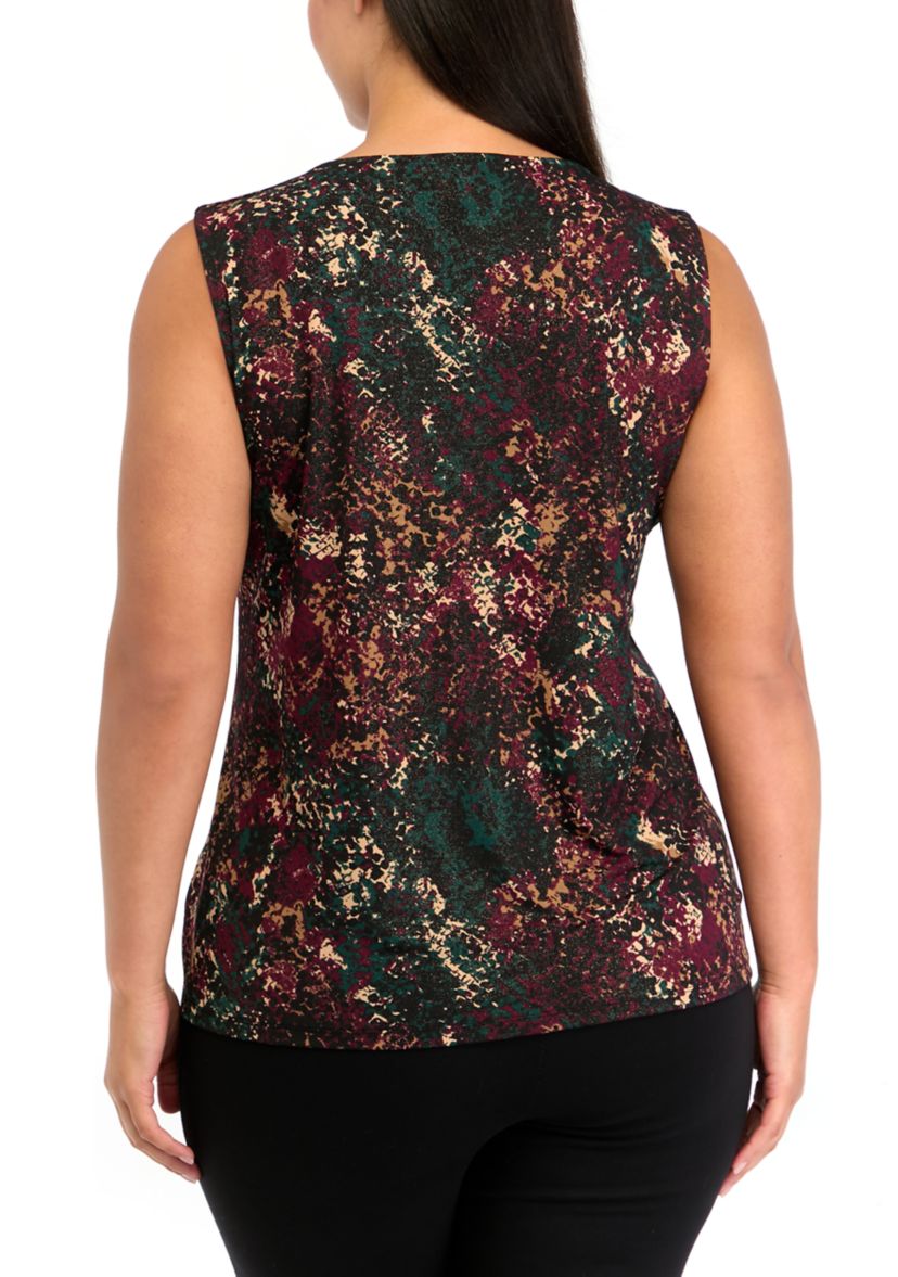 Plus Size Pleat Neck Printed Top