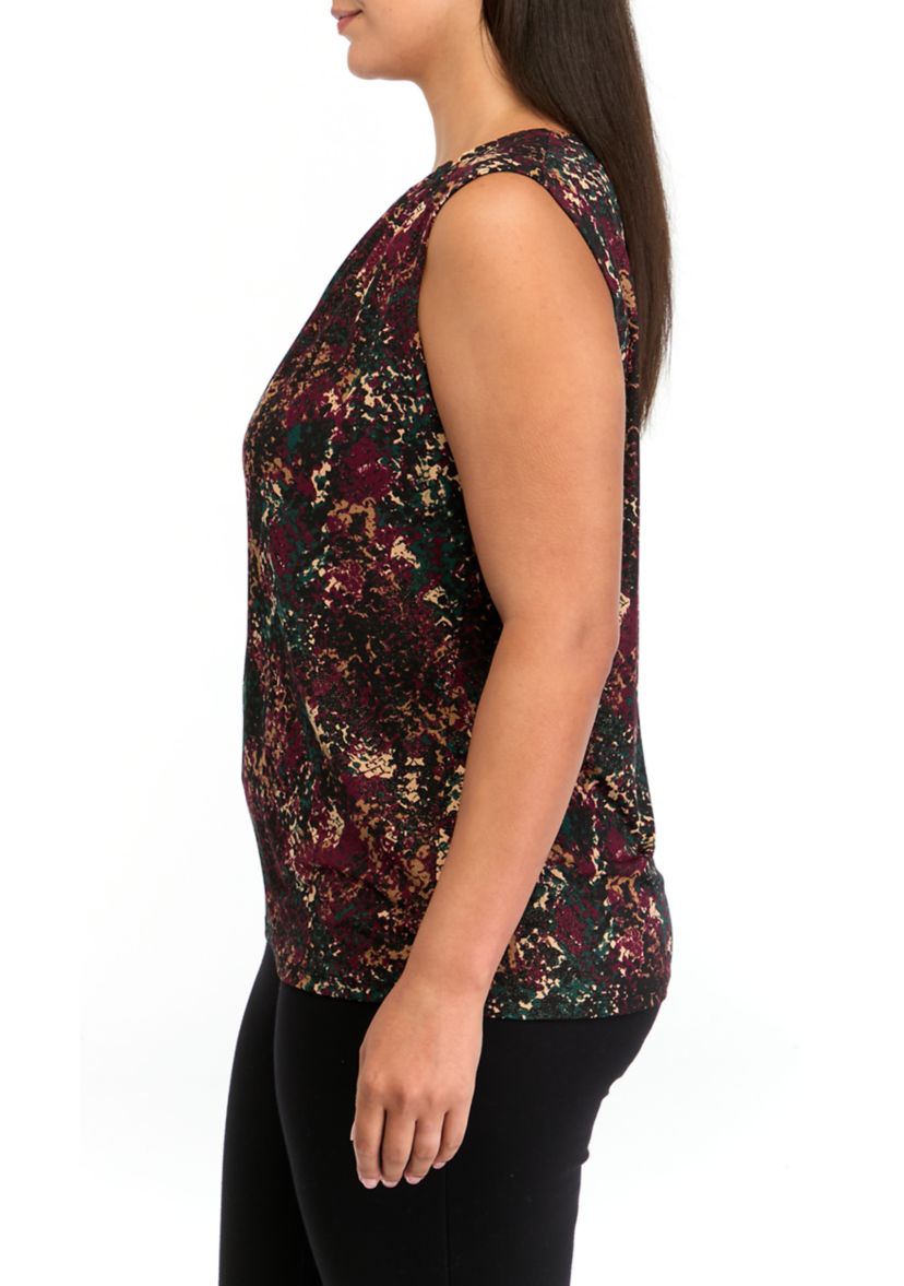 Plus Size Pleat Neck Printed Top