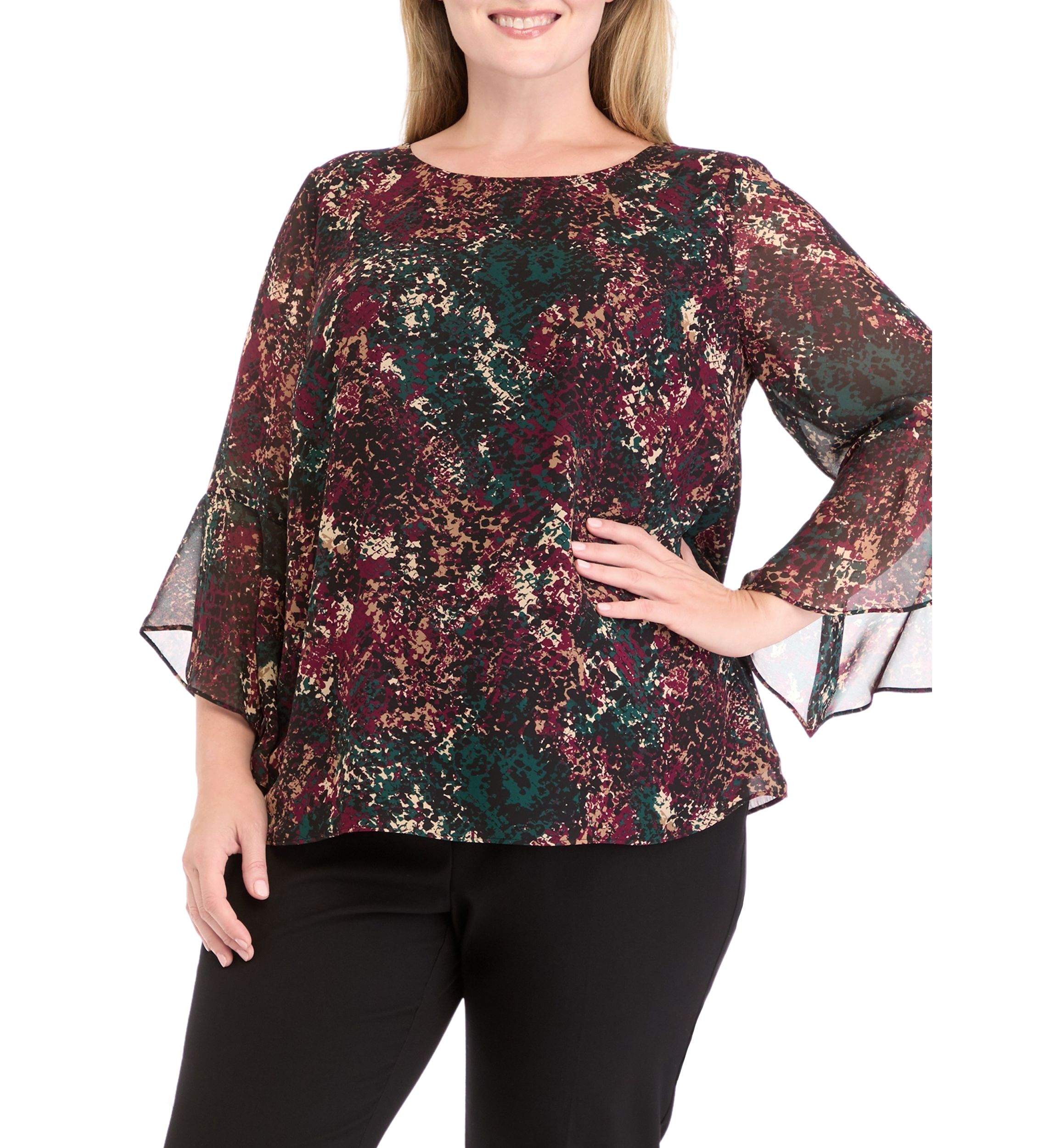 Plus Size Printed Ruffle Bell Sleeve Blouse