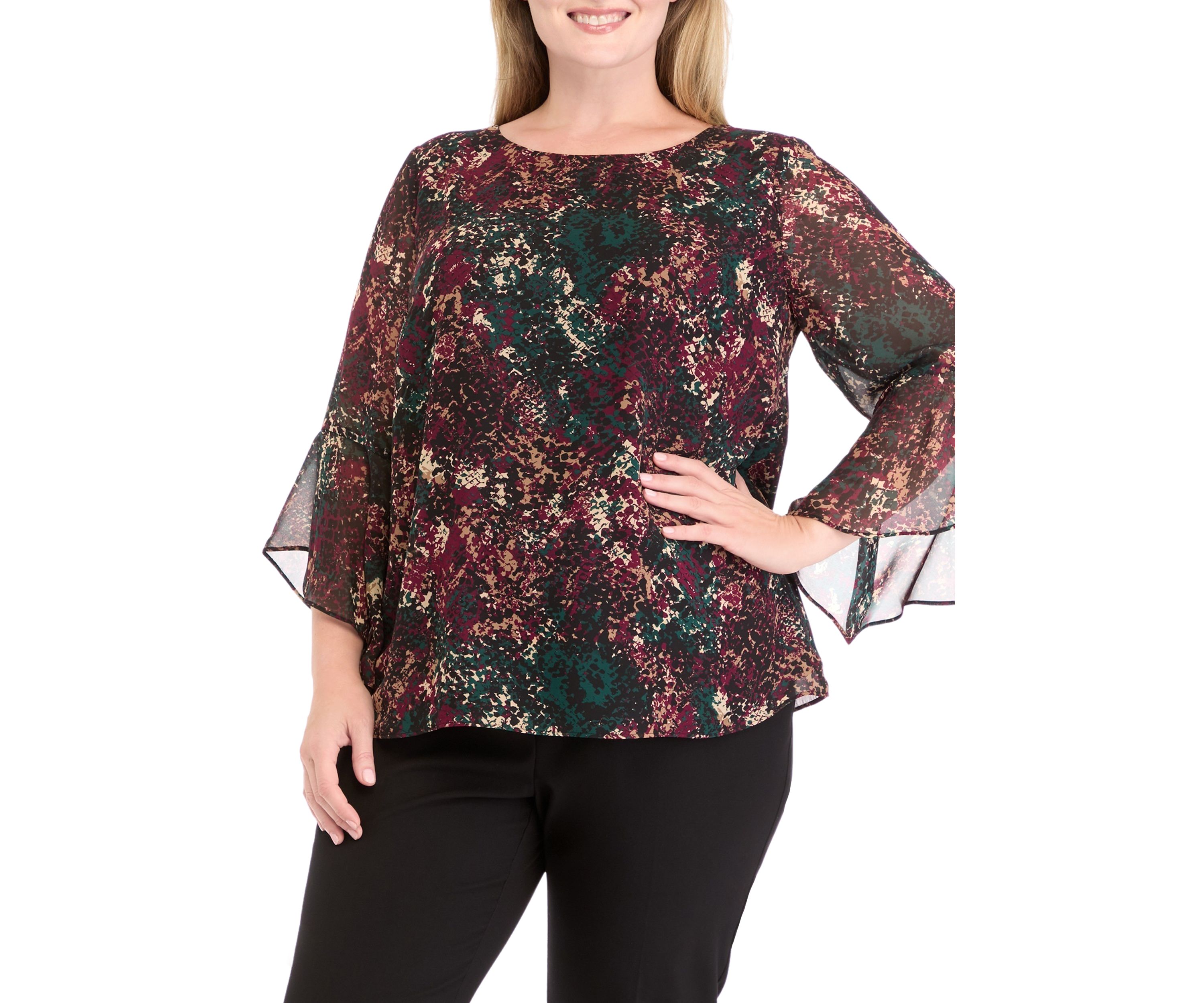 Plus Size Printed Ruffle Bell Sleeve Blouse