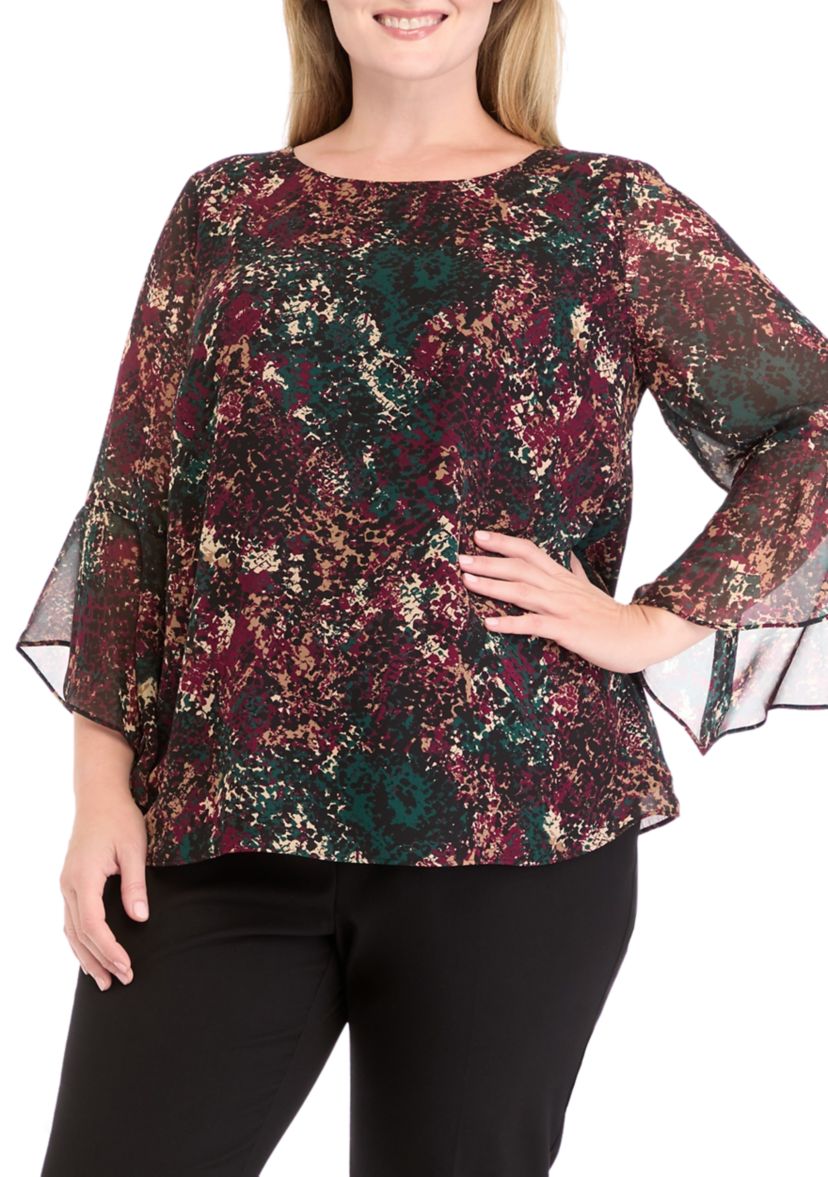 Plus Size Printed Ruffle Bell Sleeve Blouse
